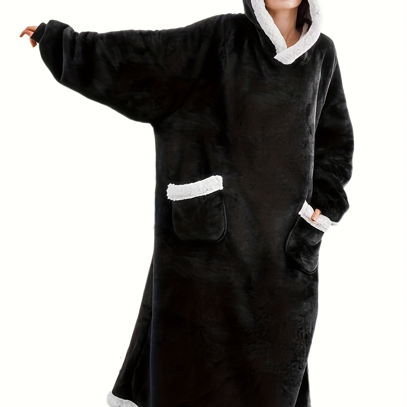 

Plus Size Casual Loungewear Robe, Women's Plus Long Sleeve Oversized Flannel Hooded Wearable Fleece Blanket With Pockets