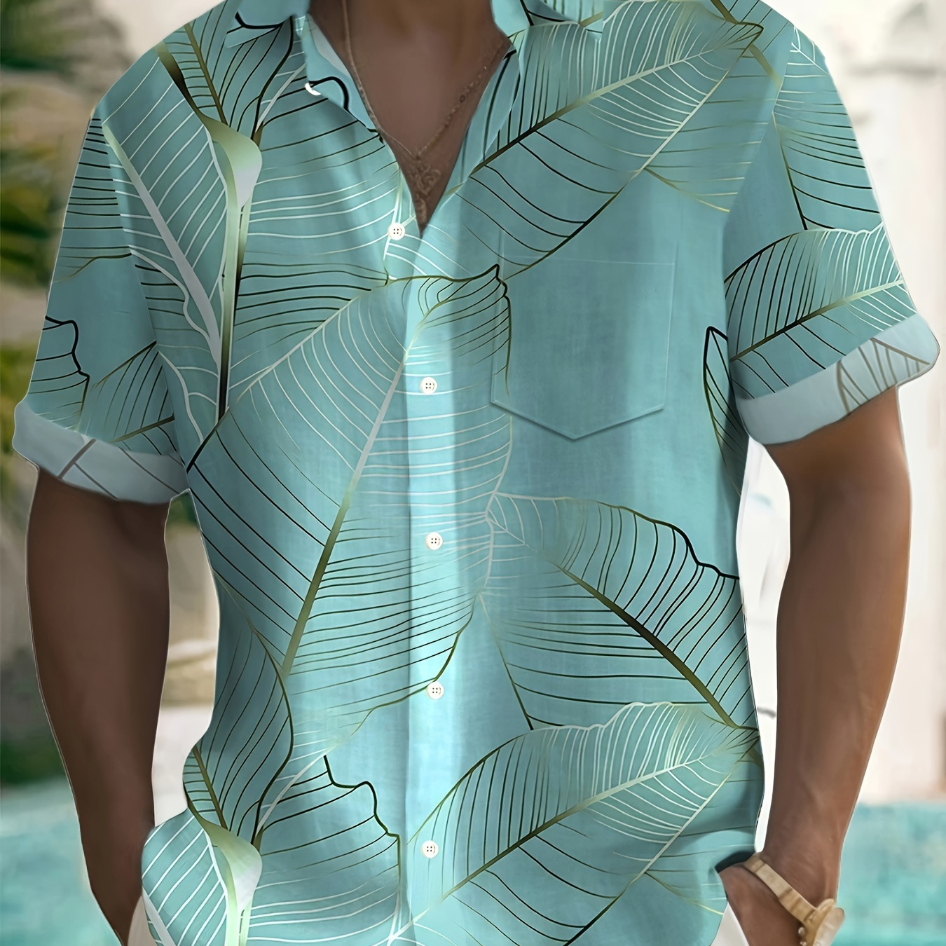 

Men's Trendy Tropical Plants Pattern Short Sleeve Button Down Lapel Shirt For Summer Holiday, Hawaiian Style