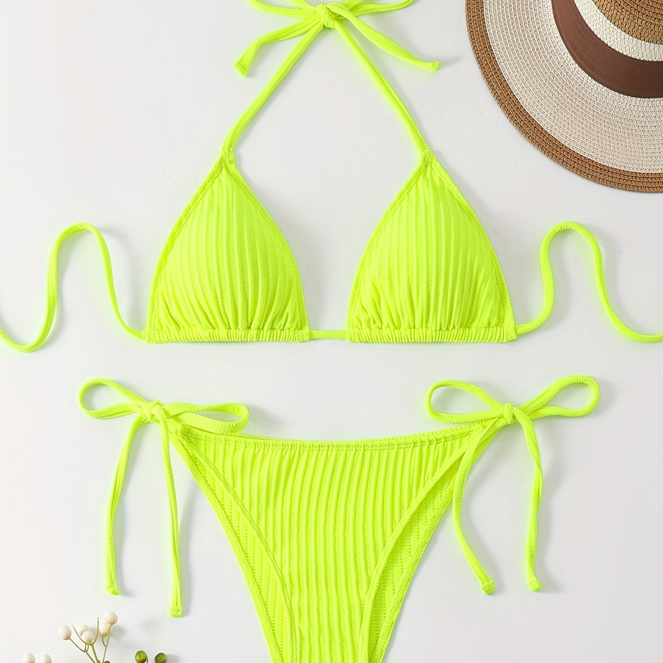 

Solid Color Triangle 2 Piece Set Bikini, Halter V Neck Tie Back Backless High Cut Tie Side Swimsuits, Women's Swimwear & Clothing