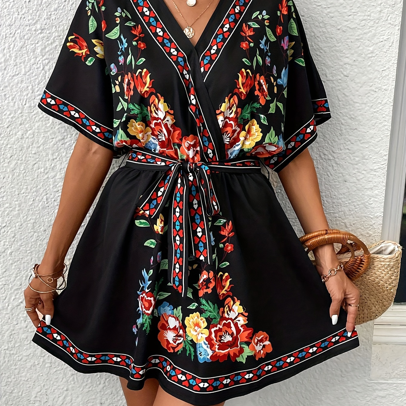 

Floral Print Wrap Dress, Vacation Style Belted Short Sleeve Dress For Spring & Summer, Women's Clothing