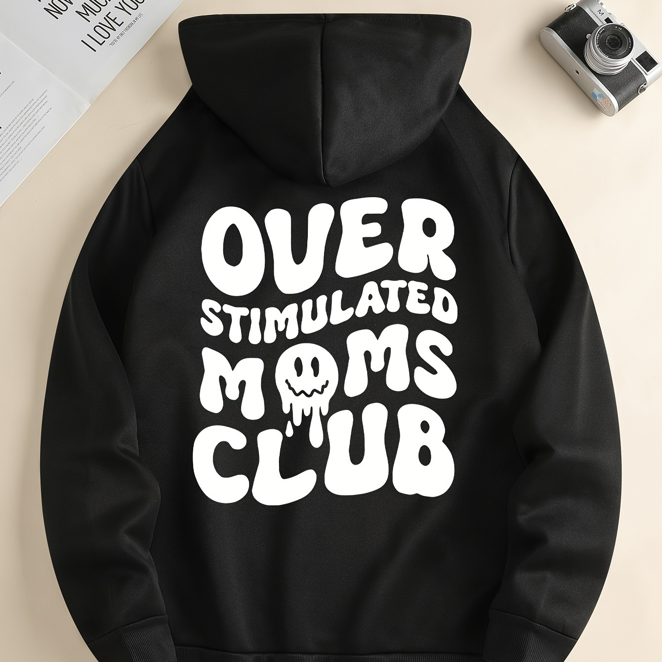 

''over Stimulated Moms Club'' Print Hoodies For Men, Graphic Hoodie With Kangaroo Pocket, Comfy Loose Trendy Hooded Pullover, Mens Clothing For Autumn Winter