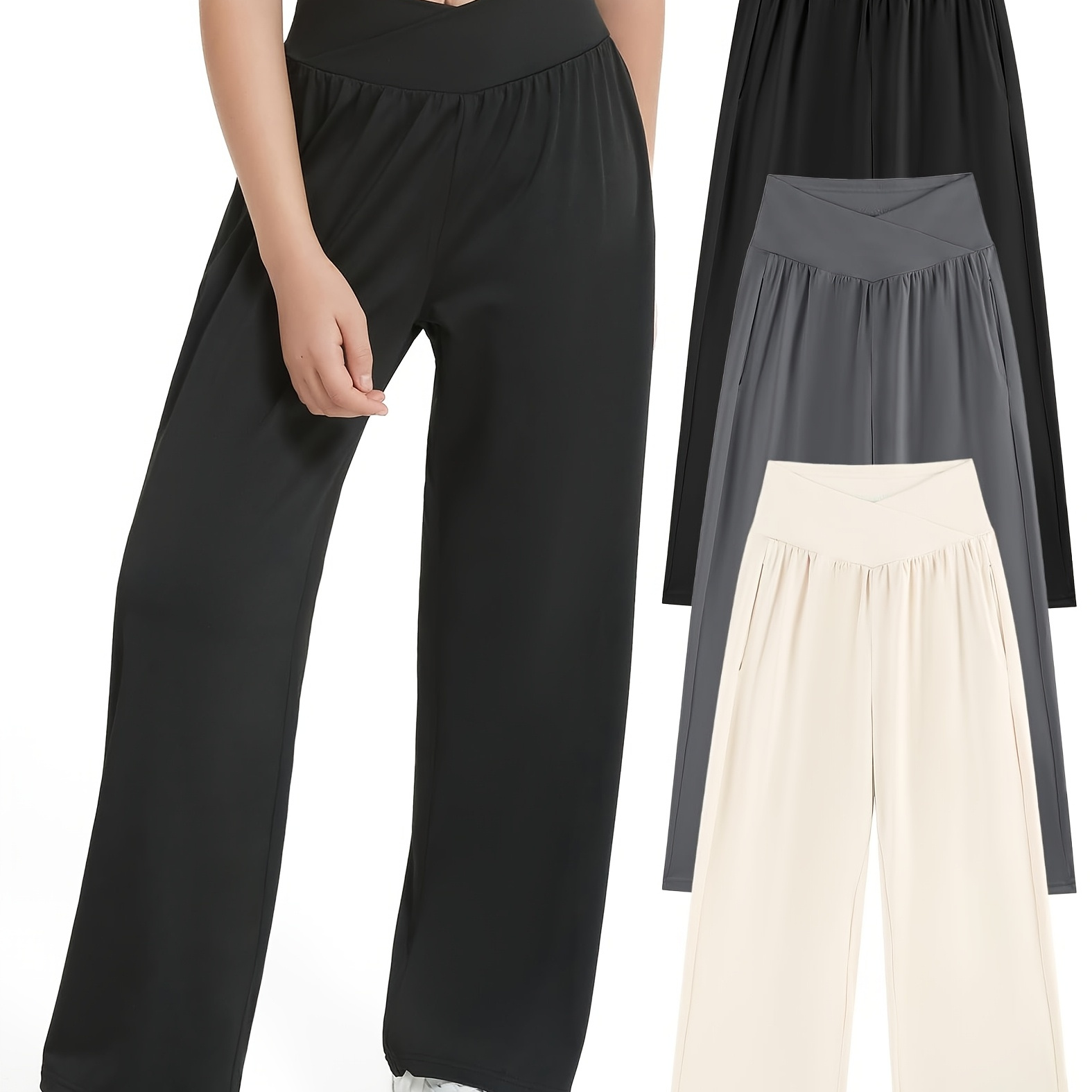 EXARUS 3-pack Girls' Flat Waist Straight Pants, Leggings, Light And Breathable Wide-leg Pants, Solid Color Pocket Casual Pants, 6-14 Years Old, Perfect for Outdoor