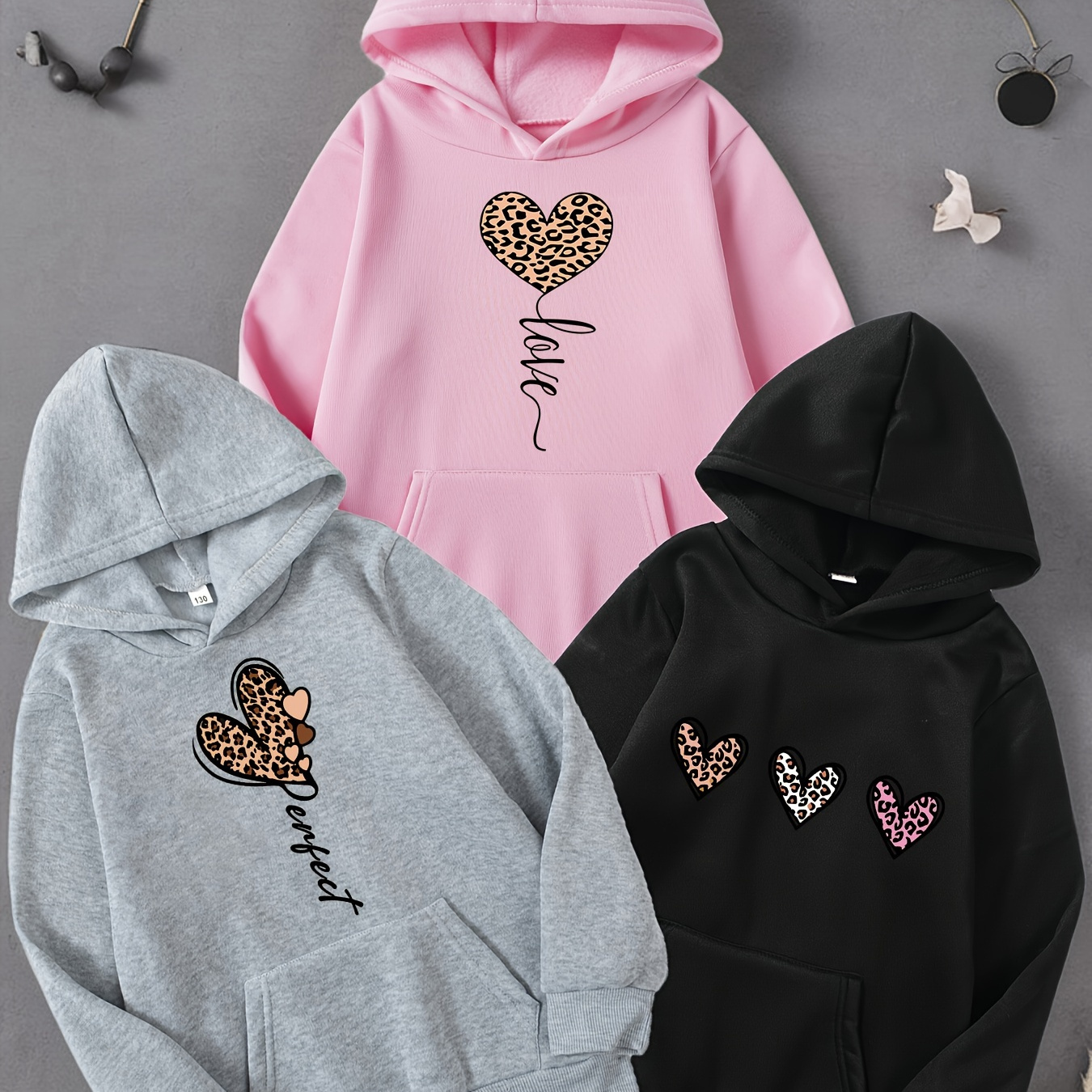 

3pcs Leopard Hearts Girl's Comfortable Stylish Long Sleeves Hooded Sweatshirts, Cozy Hoodies For & Outdoor Play, Meticulously For Fall And Winter