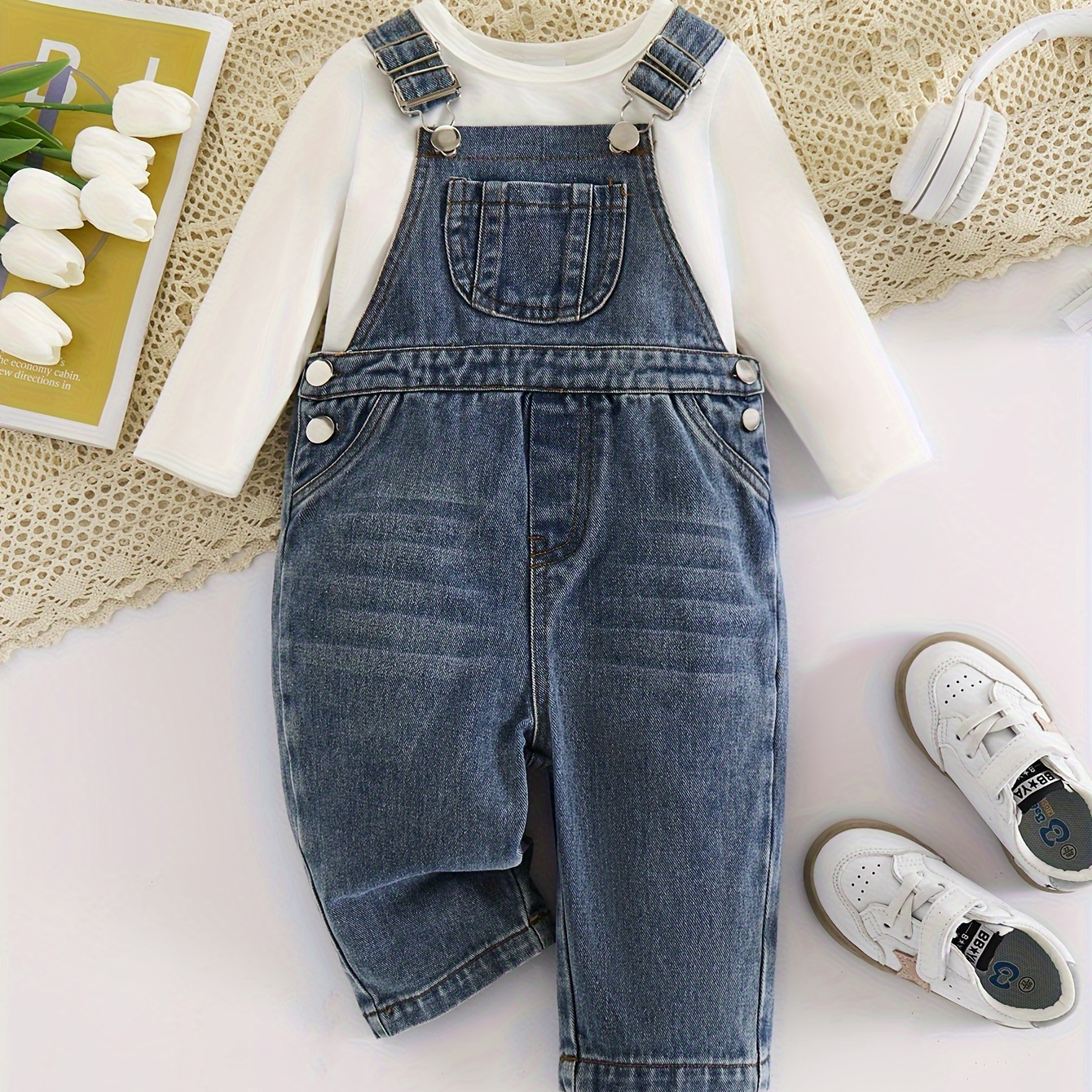 

2pcs Baby's Solid Color Long Sleeve T-shirt & Casual Denim Overalls, Toddler & Infant Boy's Clothing Set