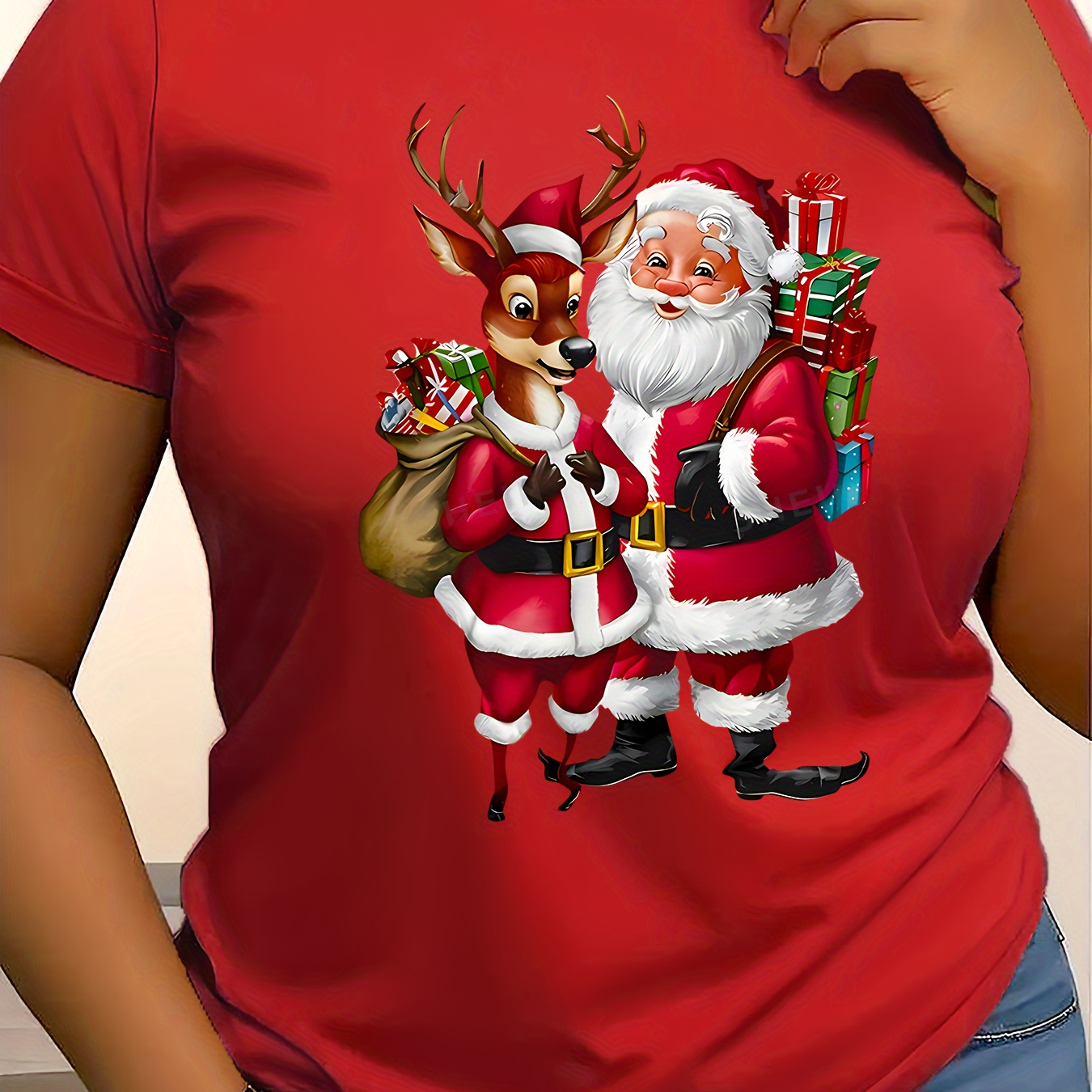 

T-shirt de Noël avec Santa et , mélange de polyester, col rond décontracté, manches courtes avec , pour femmes, haut tricoté pour toutes les