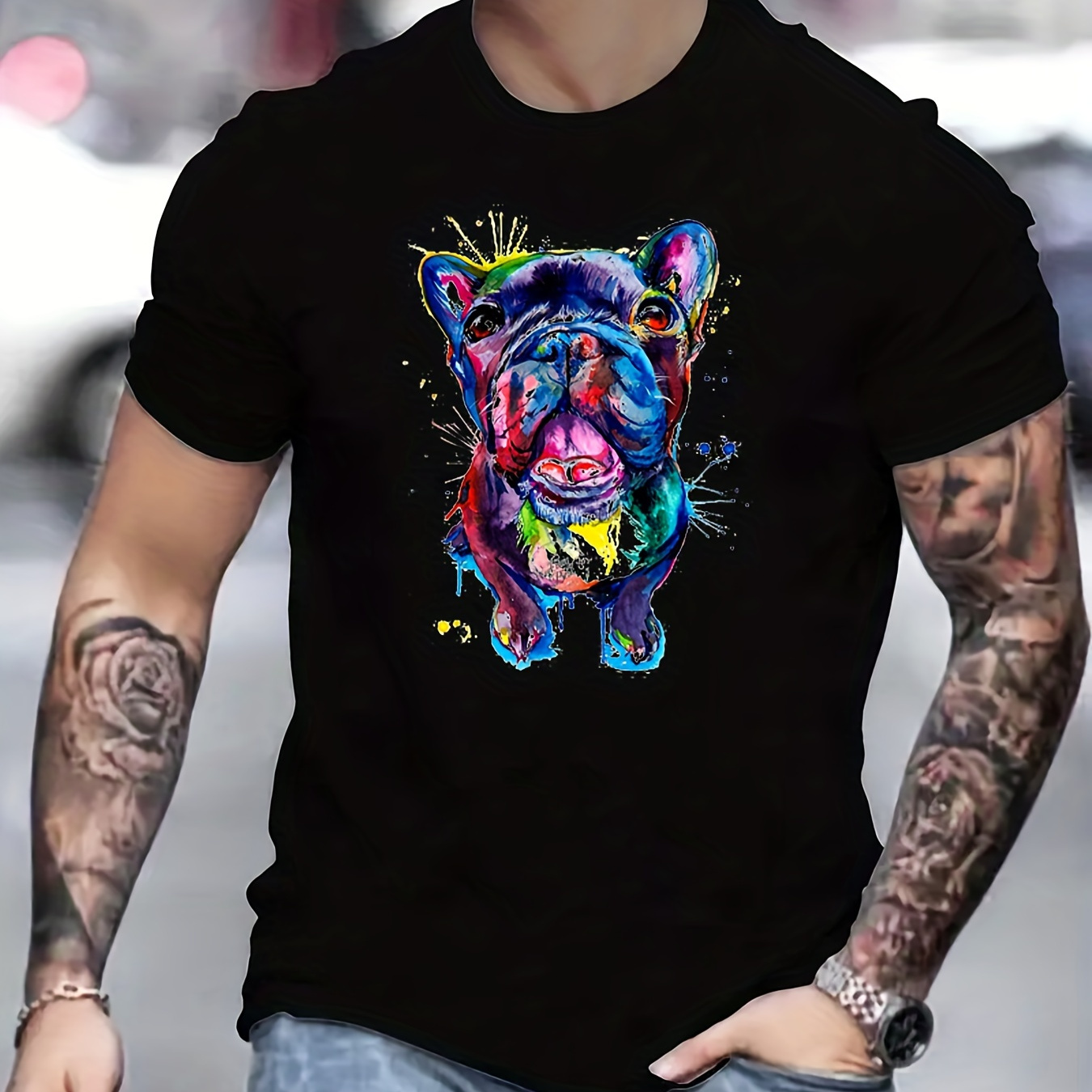 

Cute Colorful Dog Graphic Print Men's Creative Top, Casual Slightly Stretch Short Sleeve Crew Neck T-shirt, Men's Tee For Summer Outdoor