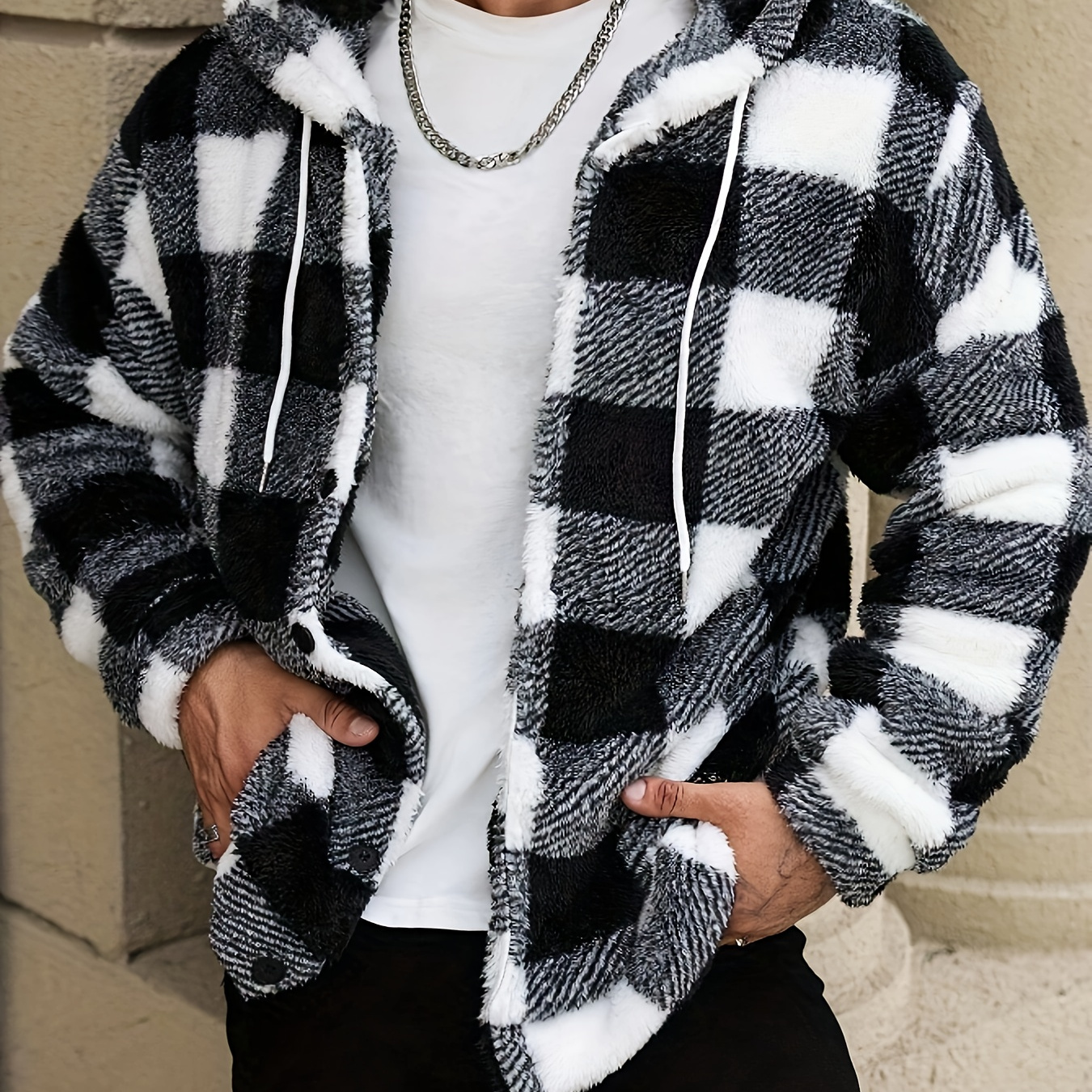 

Men's Plush Hooded Jacket, Long-sleeved Casual Winter Chic, 100% Polyester Knit Fabric, Medium Stretch, Loose Fit, Button Closure, Drawstring Detail, Outerwear