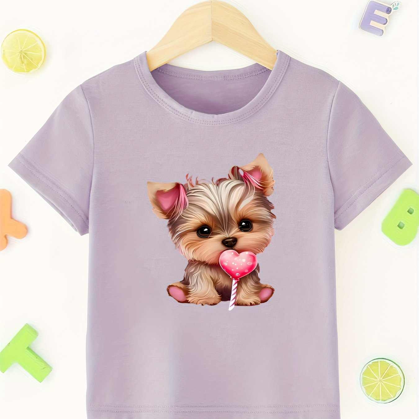 

Girls' Cute Cartoon Yorkie Dog Print T-shirt, Casual Crew Neck Short Sleeve, Summer Fashion Top