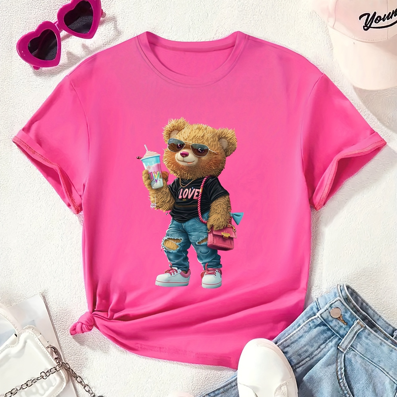 

Cartoon Bear Doll With Drink And Bag Graphic Print, Tween Girls' Casual & Comfy Crew Neck Short Sleeve Tee For Spring & Summer, Tween Girls' Clothes For Outdoor Activities
