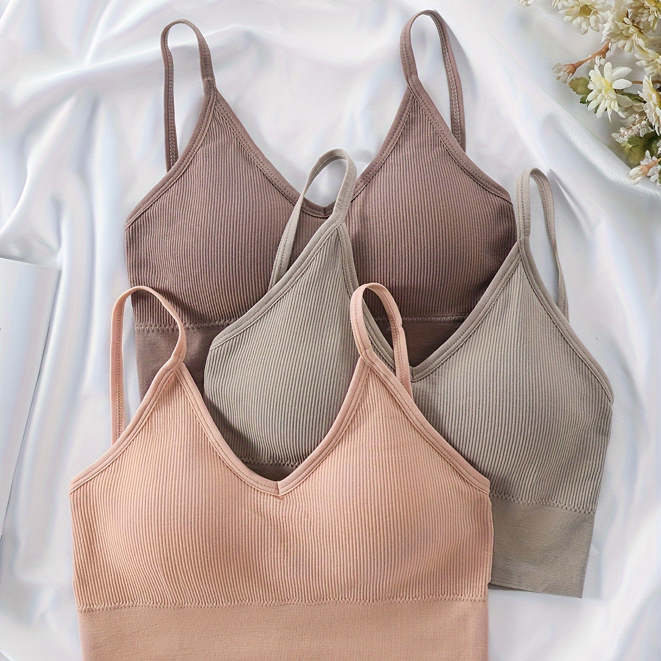 

3pcs Solid Wireless Cami Bra, Vintage Comfy Push Up Bra, Women's Lingerie & Underwear