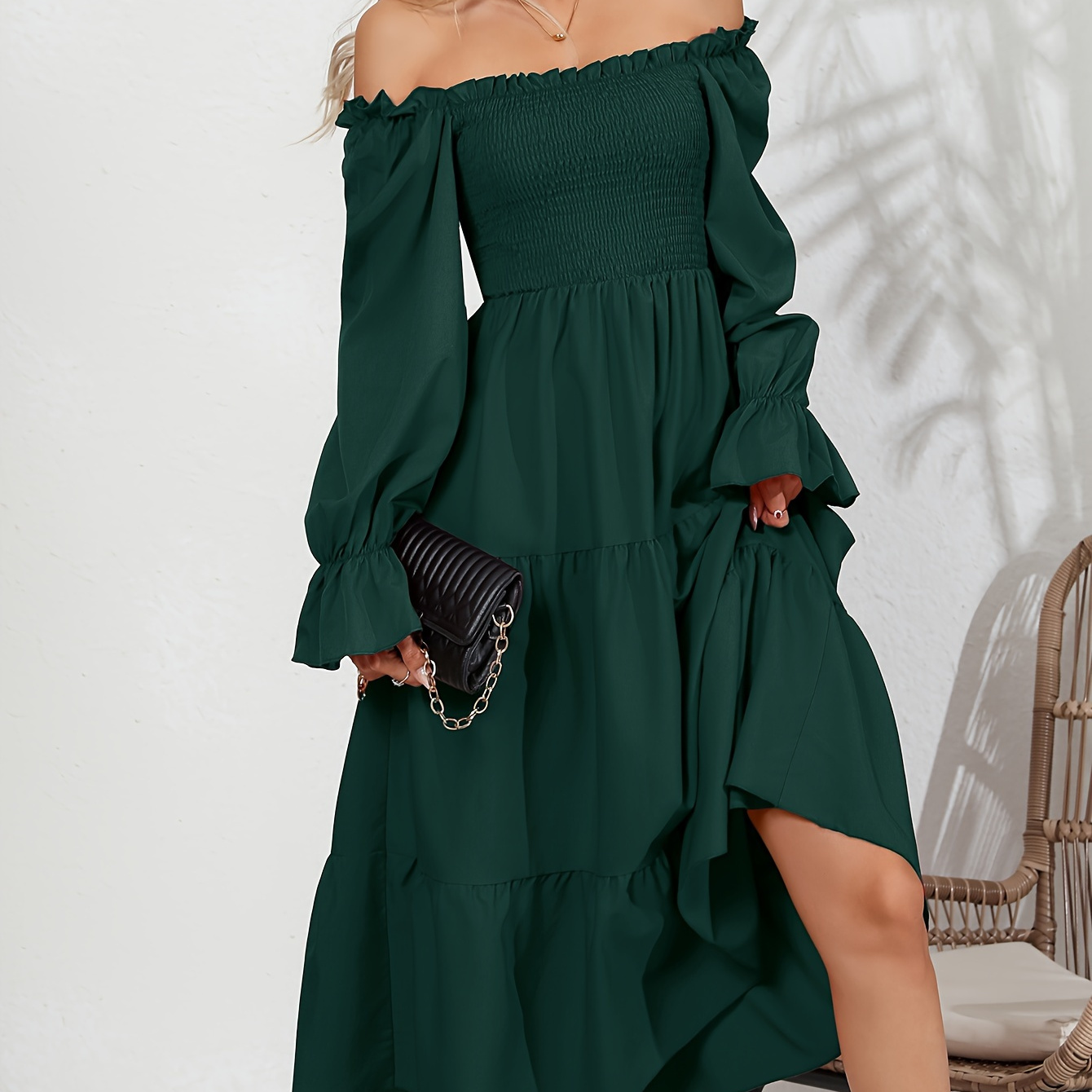 

Ruffle Trim Tiered Dress, Casual Solid Shirred Midi Dress, Women's Clothing