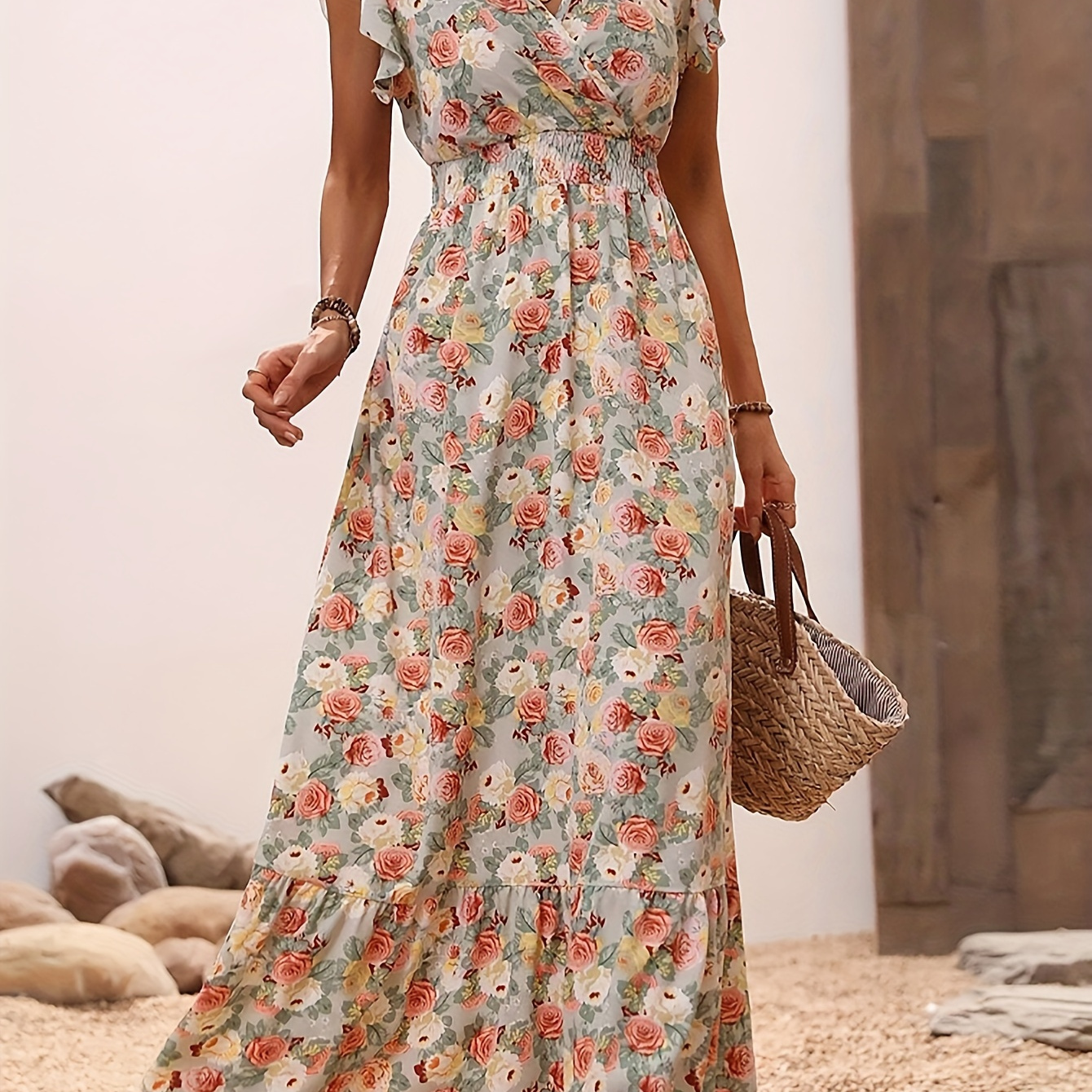 

Floral Print Shirred Waist A-line Dress, Elegant Surplice Neck Ruffle Sleeve Dress For Spring & Summer, Women's Clothing