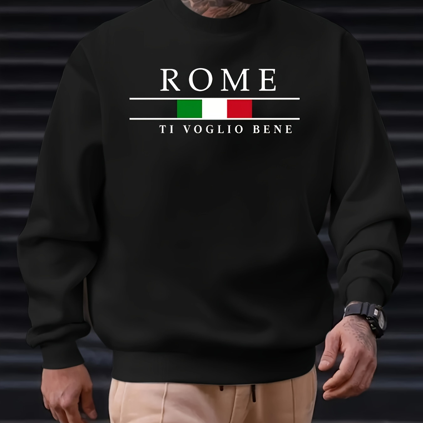 

Rome And Italian National Flag Graphic Print, Sweatshirt With Long Sleeves, Men's Creative Slightly Flex Crew Neck Pullover For Spring Fall And Winter