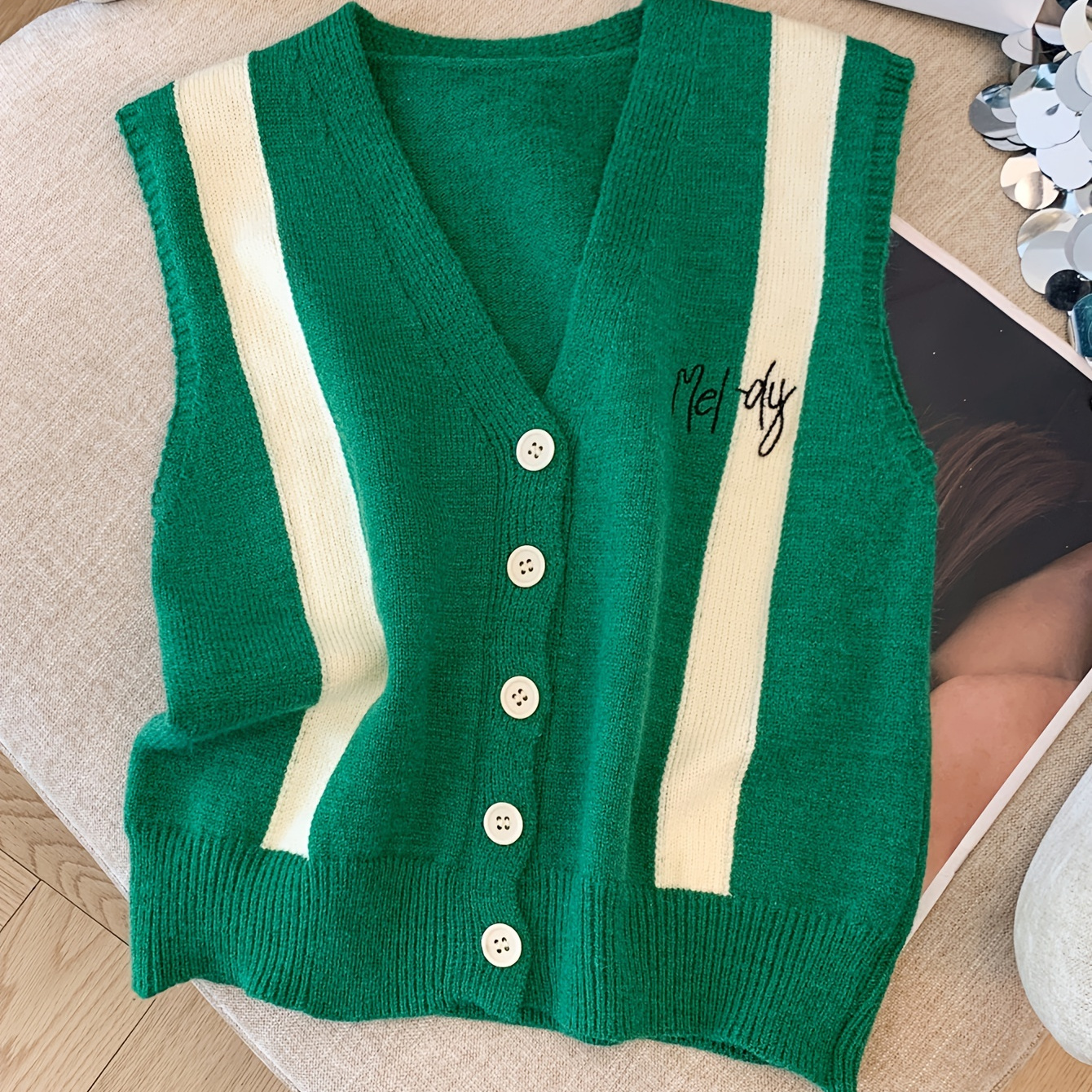 

Color Block Botton Sweater Vest, Casual V-neck Sweater Vest For Fall & Winter, Women's Clothing