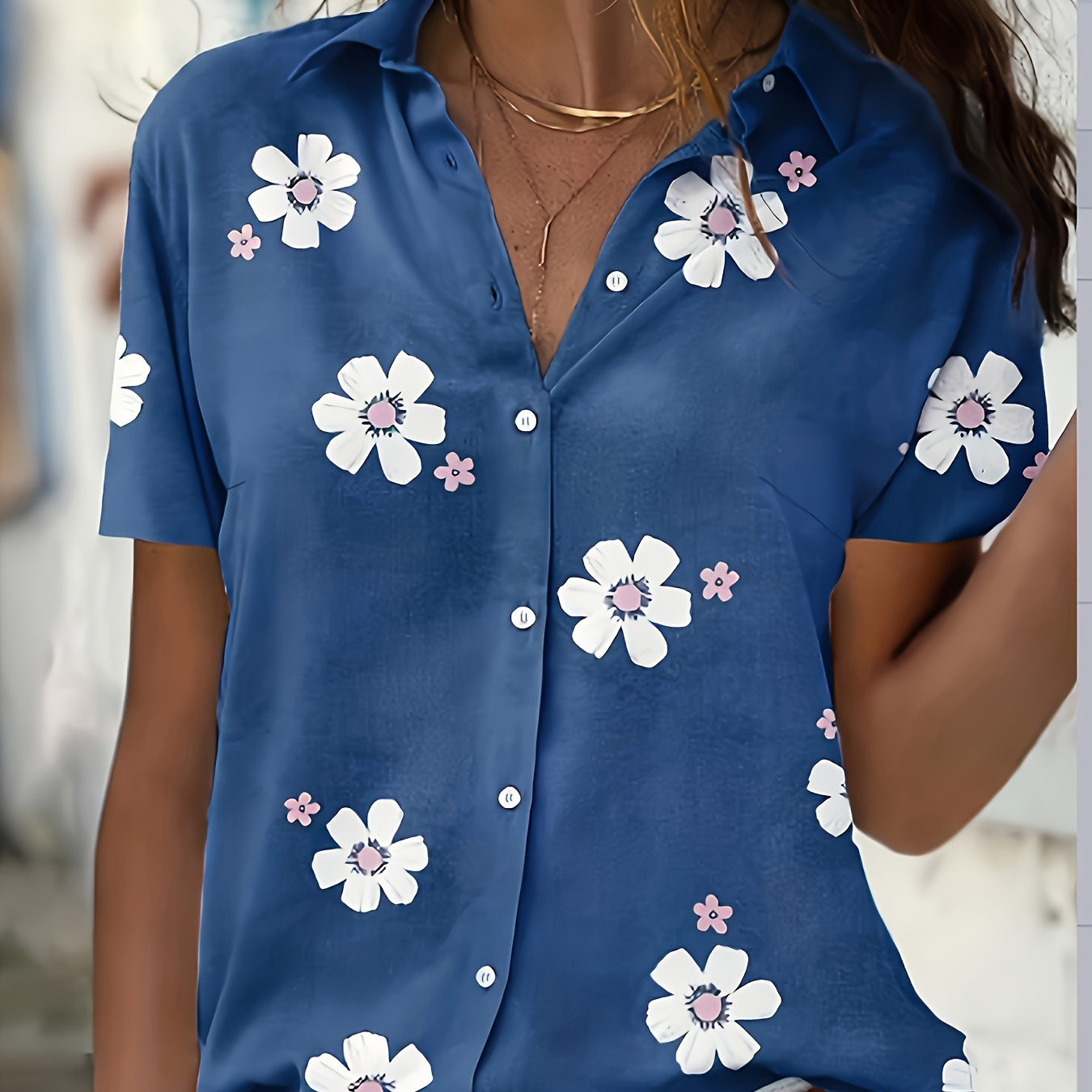 TEMU Floral Print Single-breasted Blouse, Casual Collared Short Sleeve Blouse For Spring & Summer, Women's Clothing