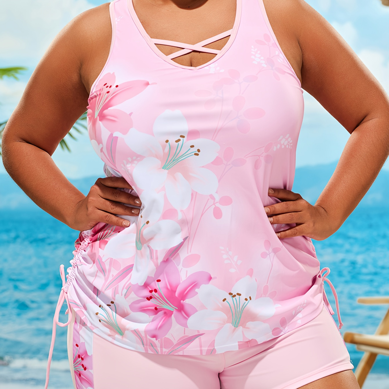 

Women's Casual Tankini Set, Plus Size Floral Pattern Drawstring Tie Side Top & Boxer Short Swimsuit 2 Piece Set