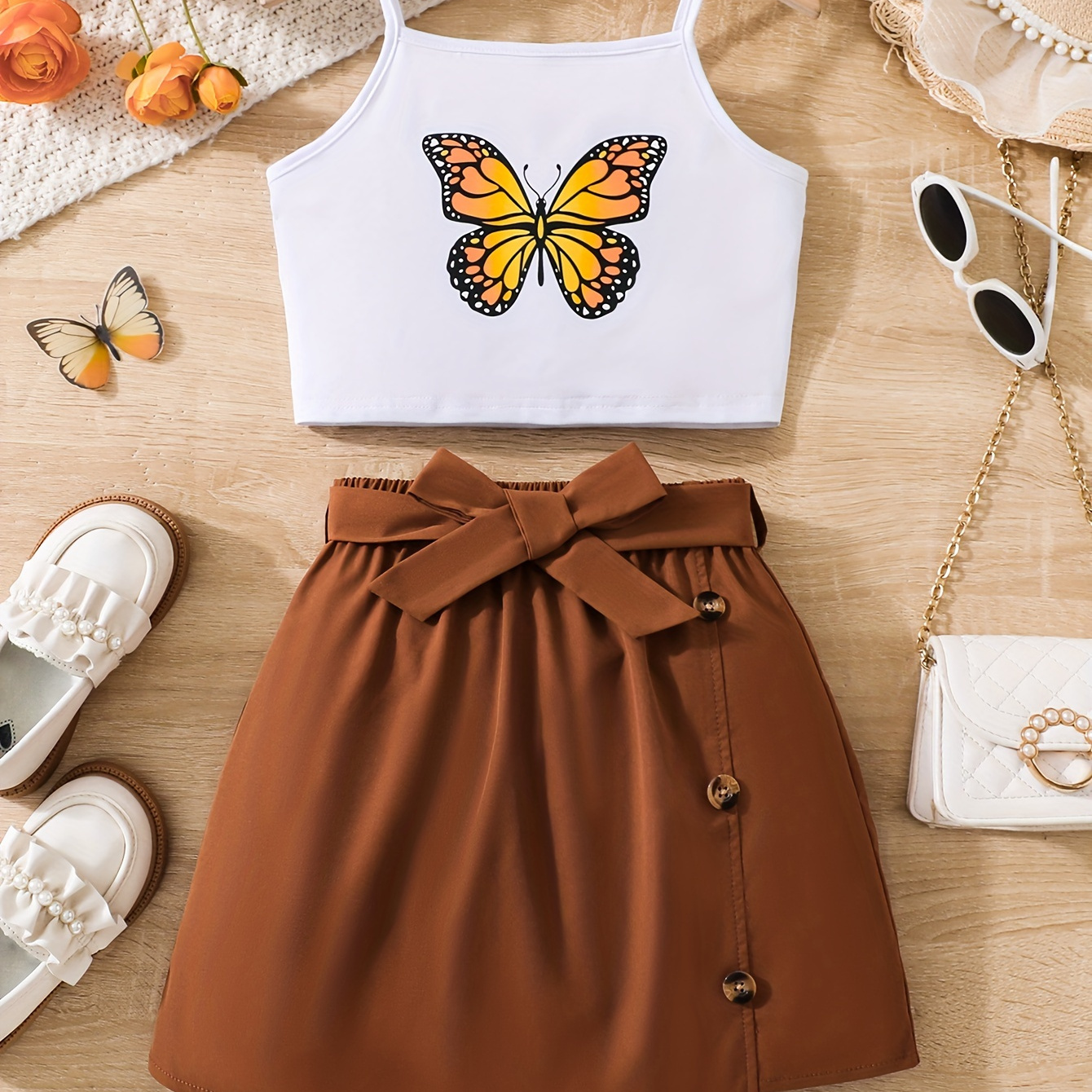 

2pcs, Butterfly Graphic Cami Top + Button Decor Solid Color Skirt With Belt Set For Girls, Casual And Trendy Holiday Set Summer Gift, Girls' Clothing