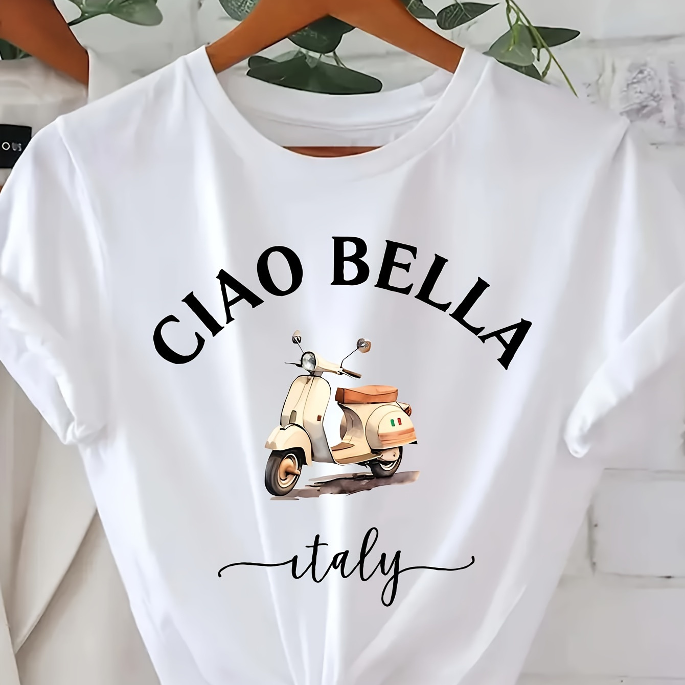 

Bella Biker Print Crew Neck T-shirt, Casual Short Sleeve Top For Spring & Summer, Women's Clothing