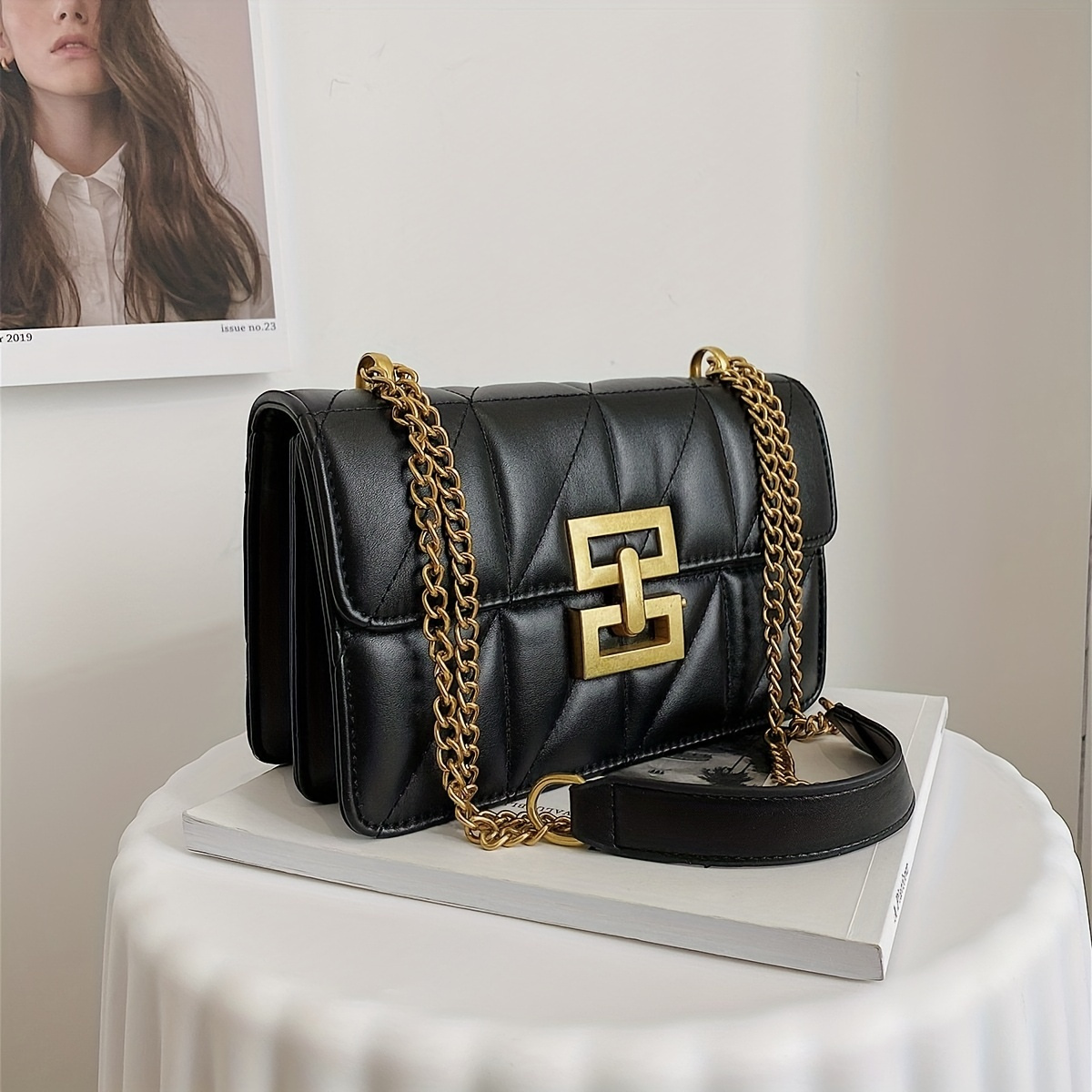 Mini Embossed Detail Baguette Bag Letter & Rhinestone Decor