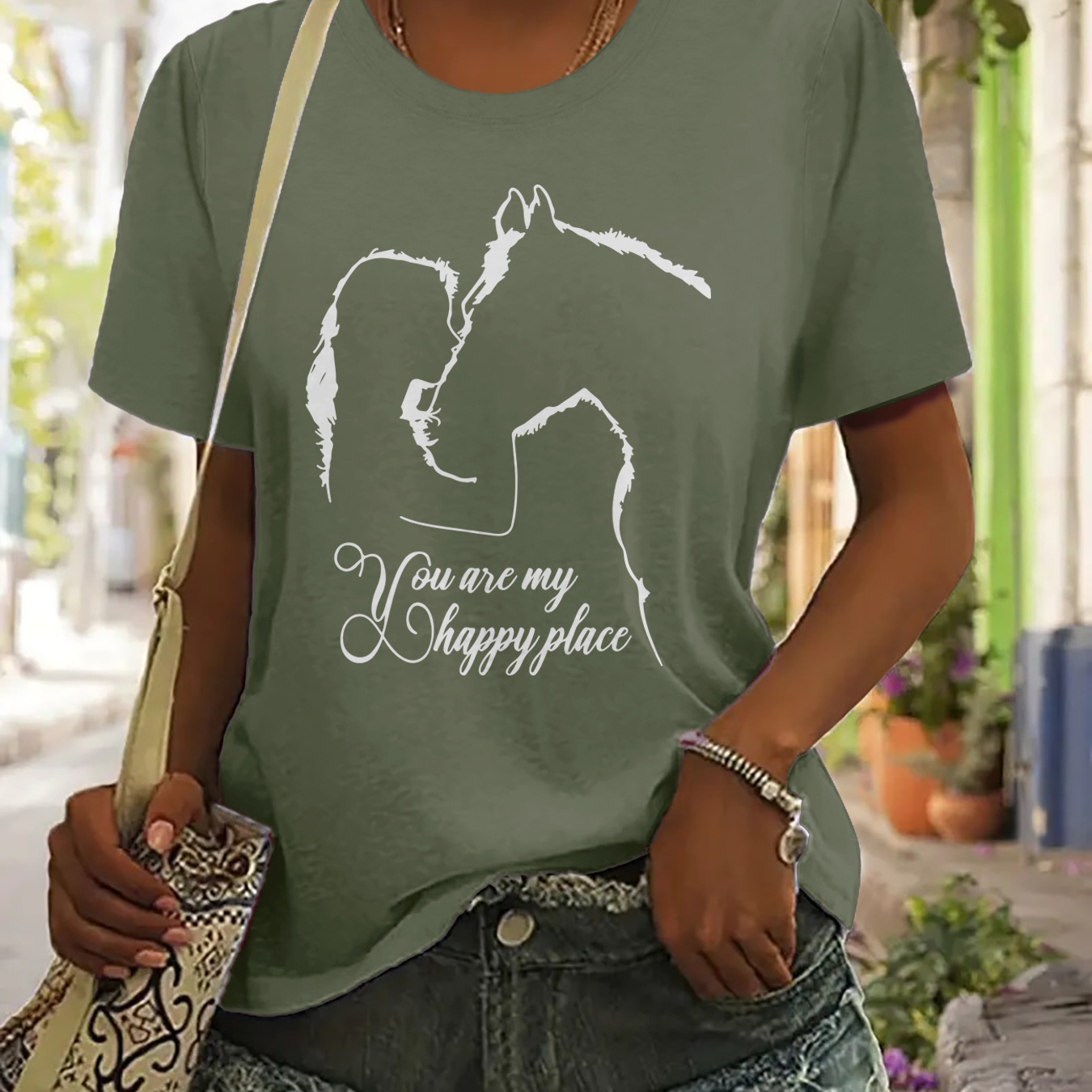 

Horse & Figure Print T-shirt, Short Sleeve Crew Neck Casual Top For Summer & Spring, Women's Clothing