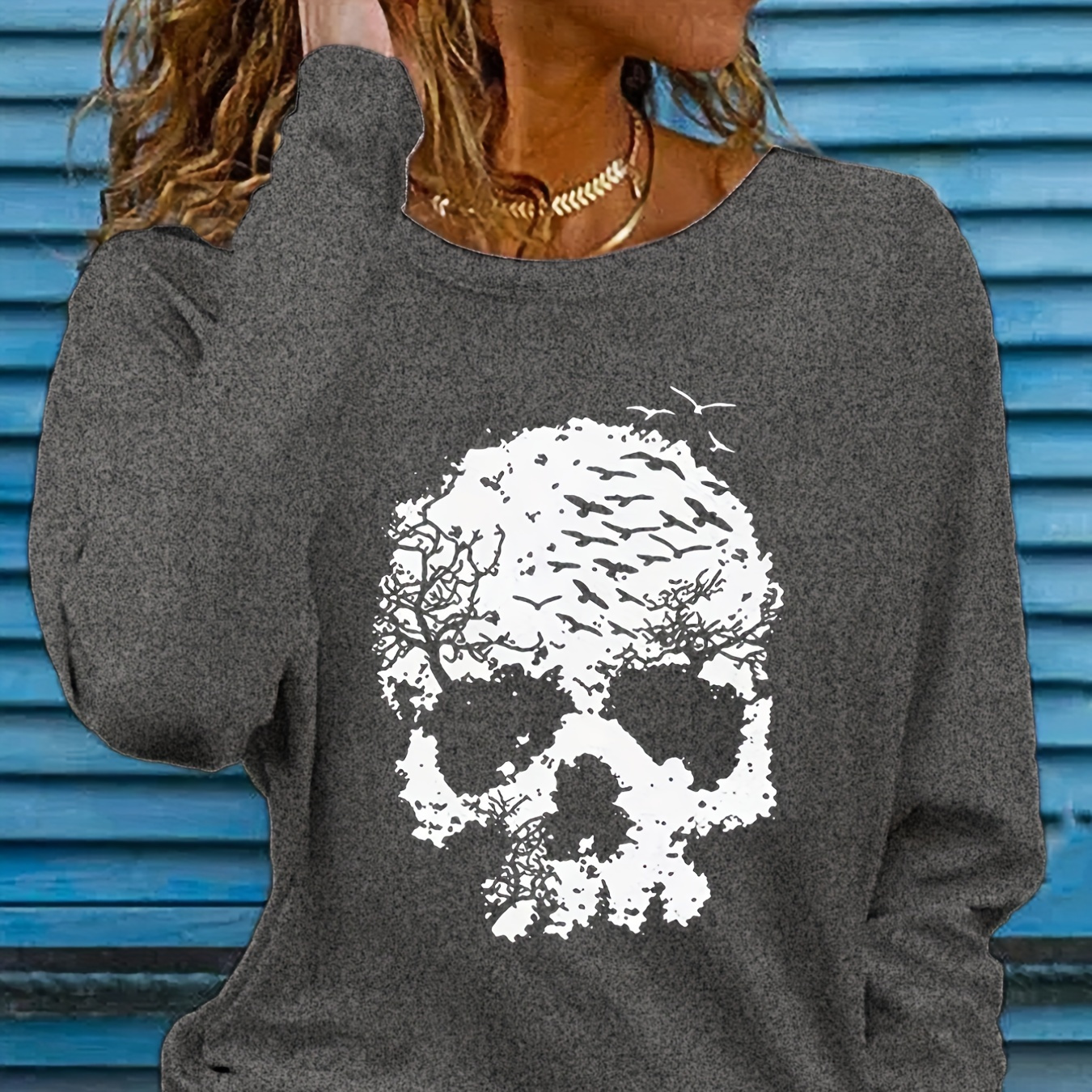 

Skull Print Long Sleeve T-shirt, Casual Crew Neck Top For Fall & Spring, Women's Clothing