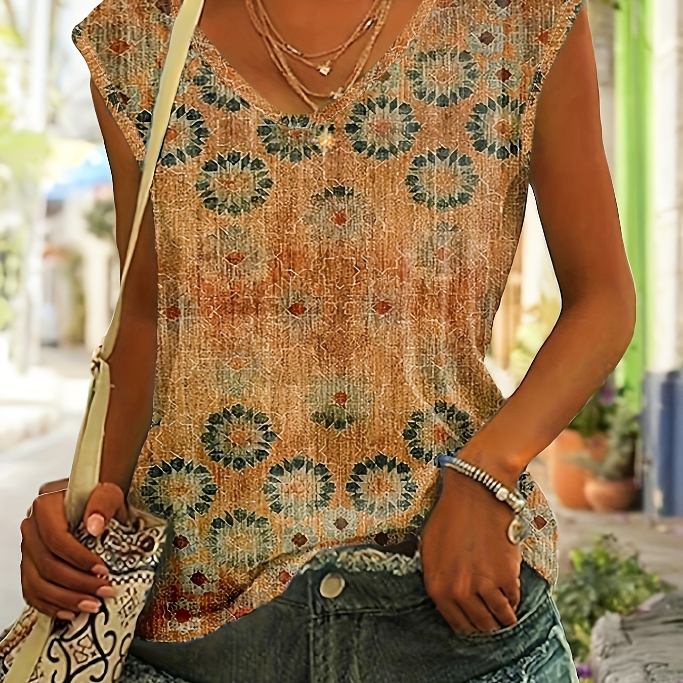 

Vintage Graphic Print V-neck T-shirt, Ethnic Cap Sleeve Top For Spring & Summer, Women's Clothing