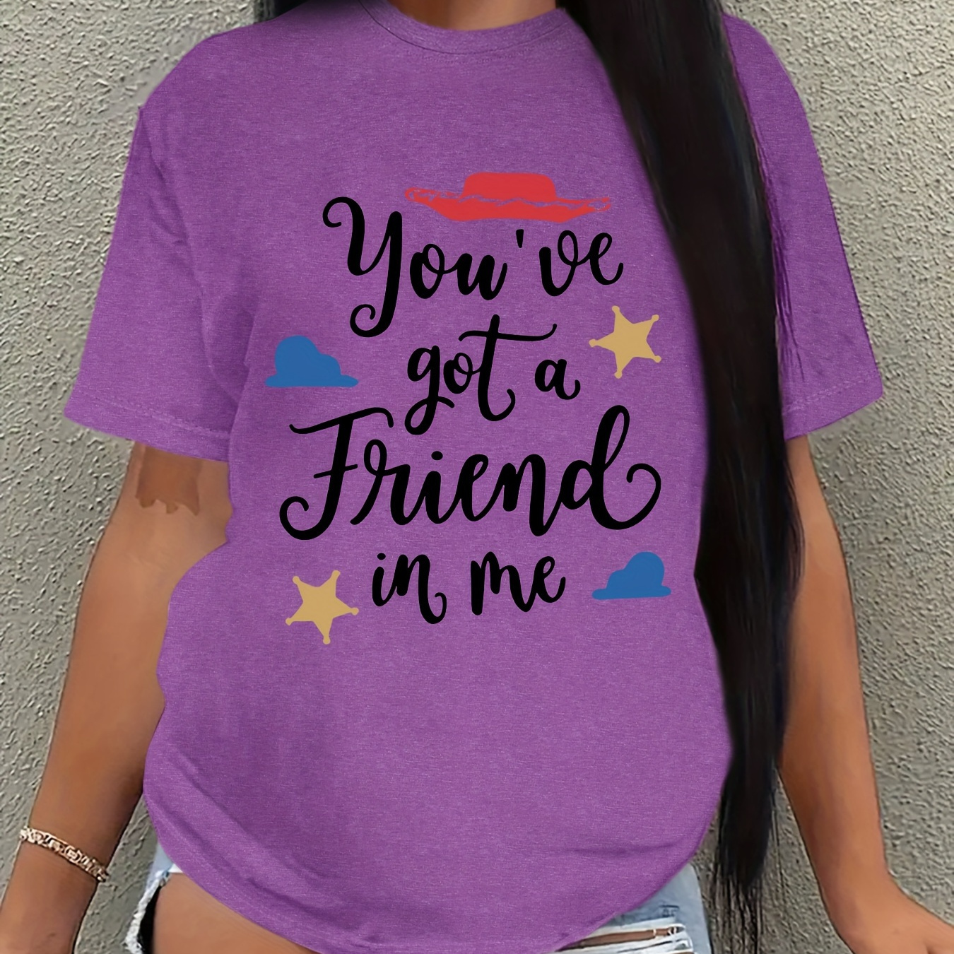 

Plus Size Letter Print T-shirt, Casual Crew Neck Short Sleeve Top For Spring & Summer, Women's Plus Size Clothing