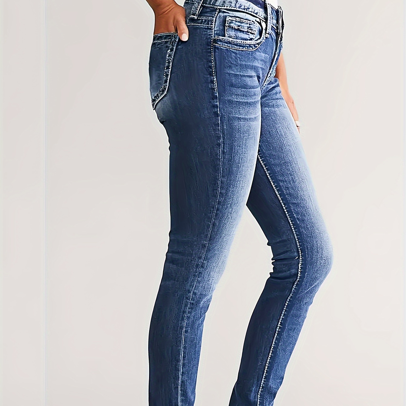 

Stretchy Washed Blue Casual Style Zipper Button Closure Denim Pants, Women's Denim Jeans & Clothing