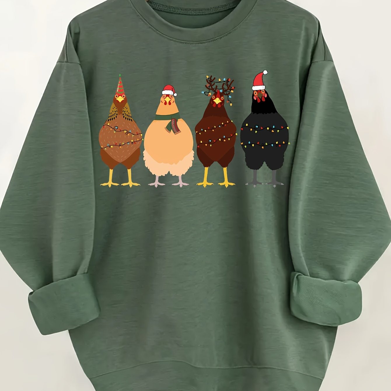 

Chicken Print Crew Neck Sweatshirt, Casual Long Sleeve Drop Shoulder Pullover Sweatshirt For Fall & Winter, Women's Clothing