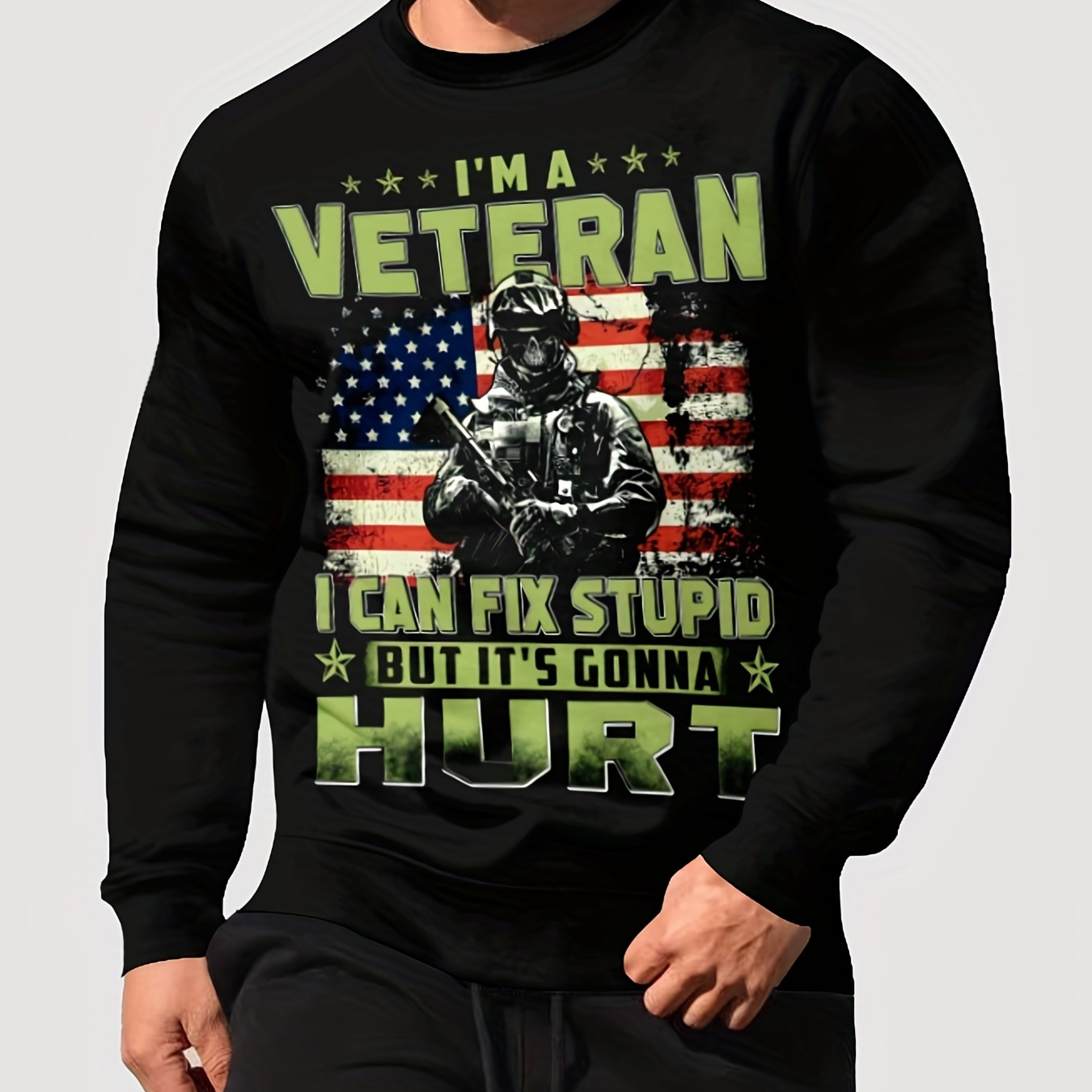 Men's Plus Size "I'm A Veteran" & US Flag Graphic Print T-shirt For Spring/autumn, Oversized Trendy Long Sleeve Tees For Males