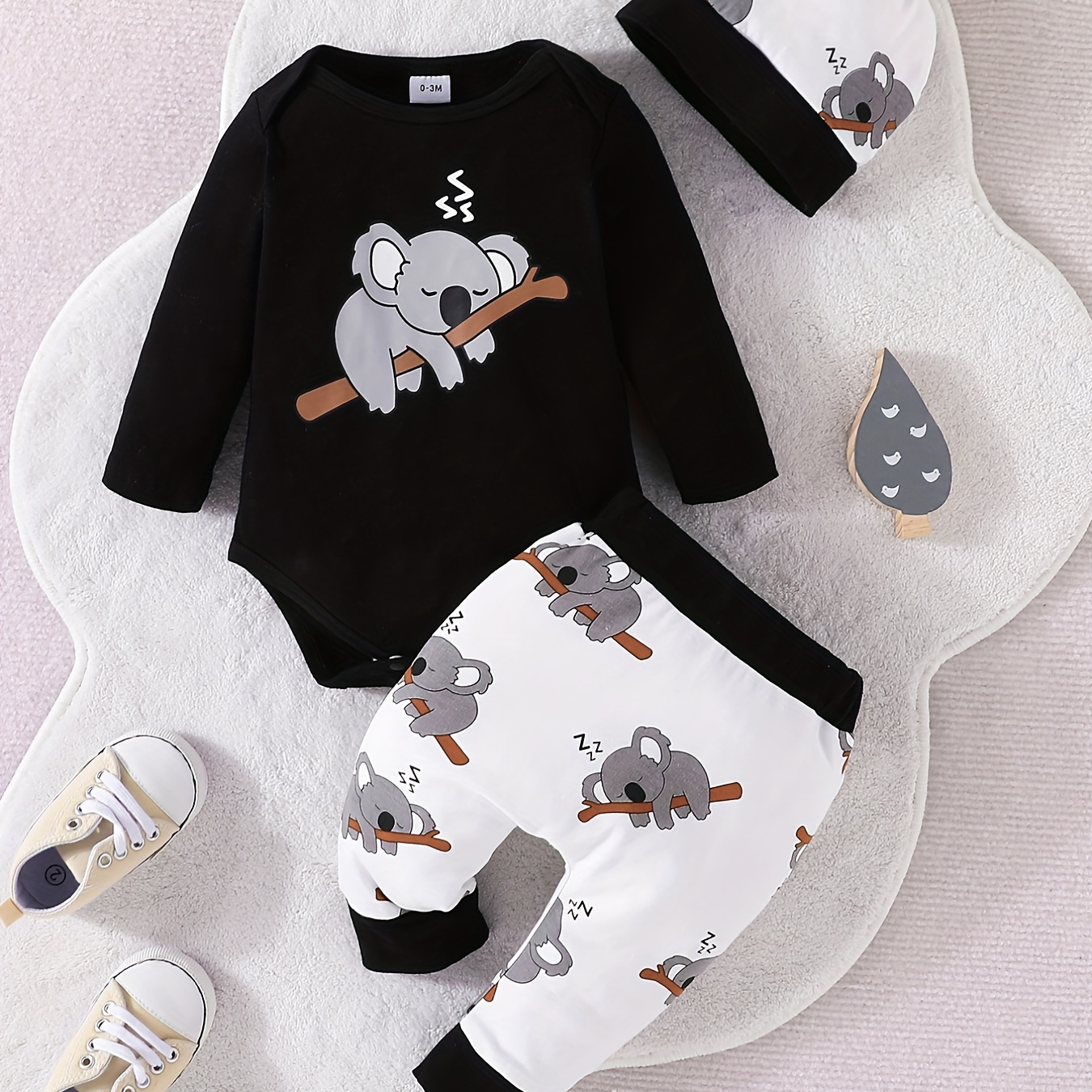 Baby Boys Cotton Long Sleeve Bodysuit + Pants + Hat Set With Cartoon Super Cute Sleeping Koala Print, Newborn Clothes