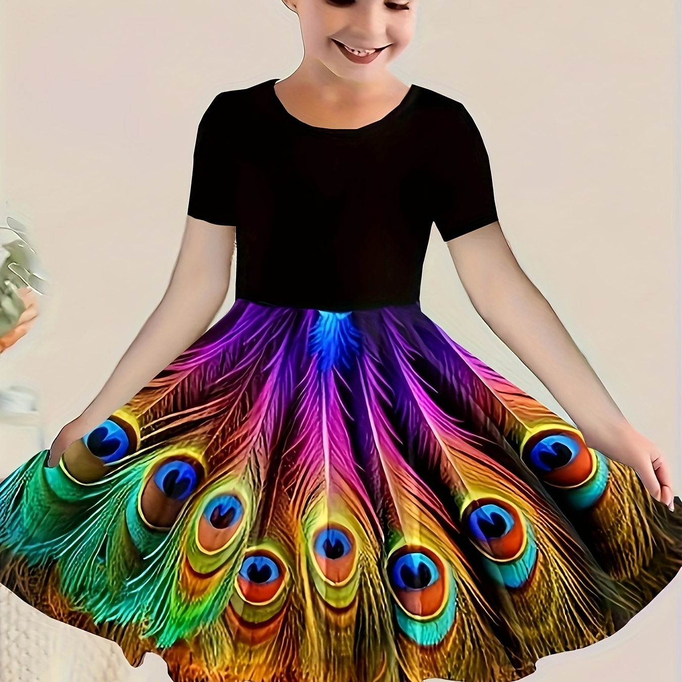 

3d Peacock Feather Print Dress, Girls Casual Splicing Crew Neck Dresses For Summer Party