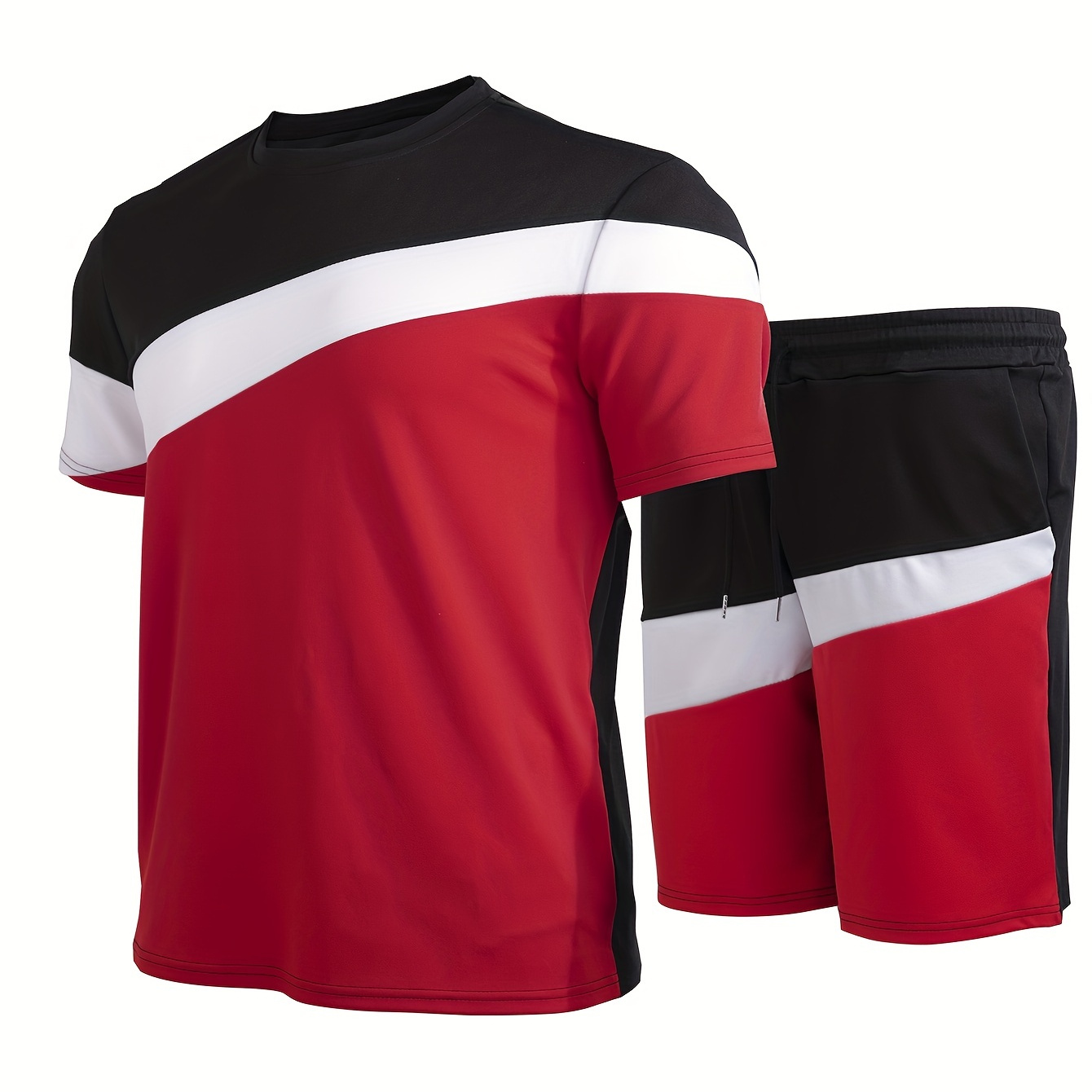 

Men's 2 Pieces Outfits, Short Sleeve Color Block Graphic Print T-shirt And Drawstring Shorts Set