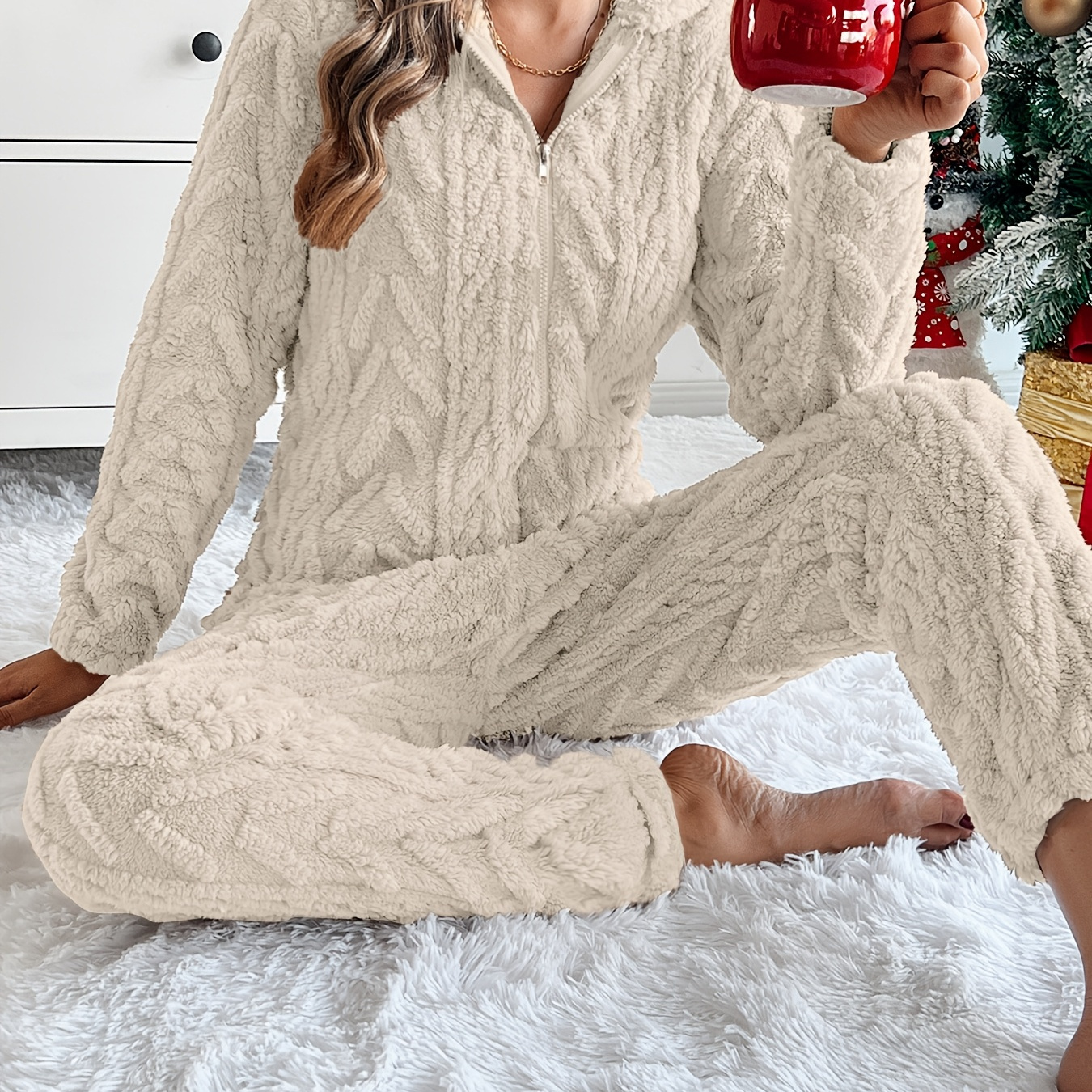 

Textured Zip Up Fuzzy Jumpsuit, Casual Long Sleeve Hooded Warm Jumpsuit For Fall & Winter, Women's Clothing