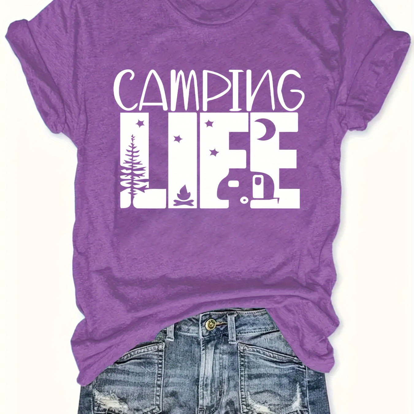 

Plus Size Camping Life Print T-shirt, Casual Short Sleeve Crew Neck Top For Spring & Summer, Women's Plus Size Clothing