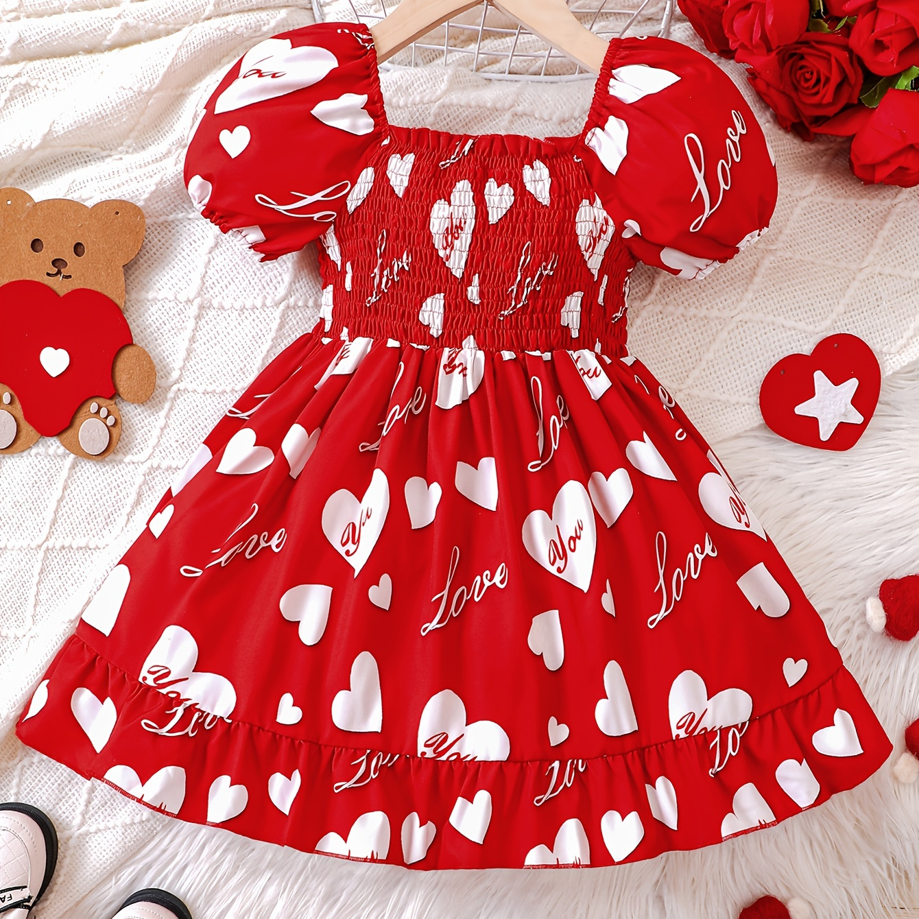 

Sweet Toddler Girls Heart Graphic Square Neck Puff Short Sleeve Dress Summer Party Valentine's Day