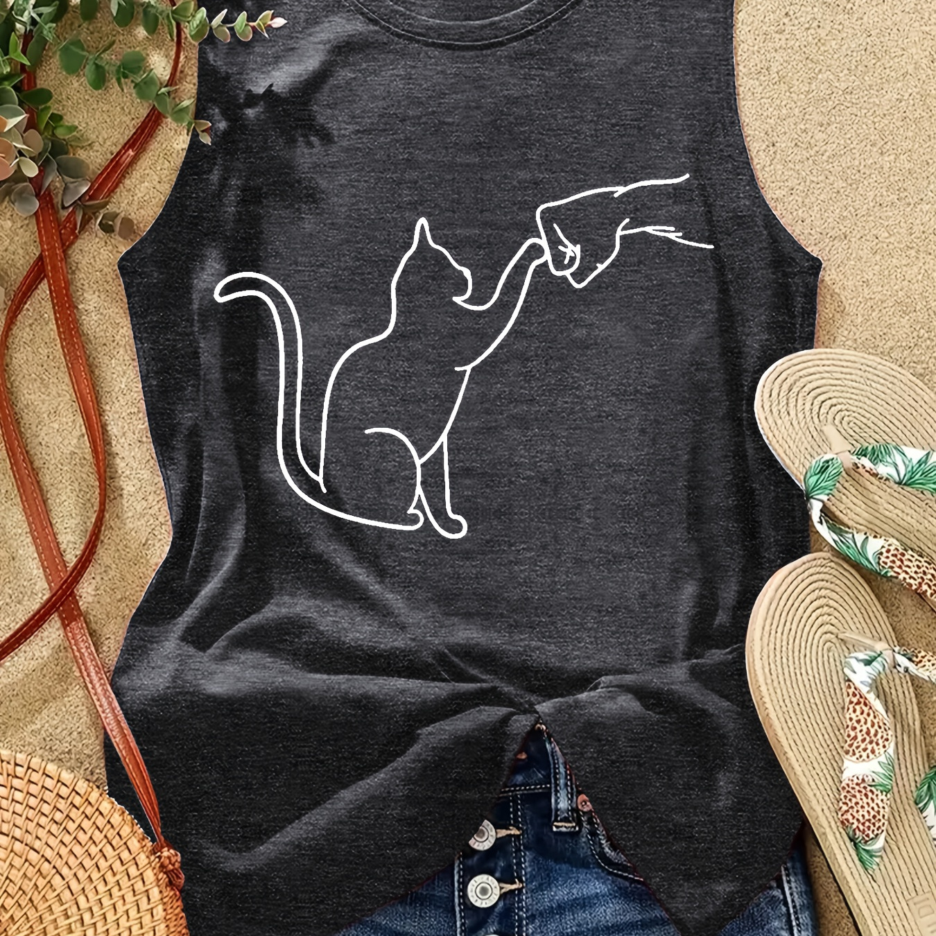 

Cat Graphic Print Tank Top, Sleeveless Casual Top For Summer & Spring, Women's Clothing