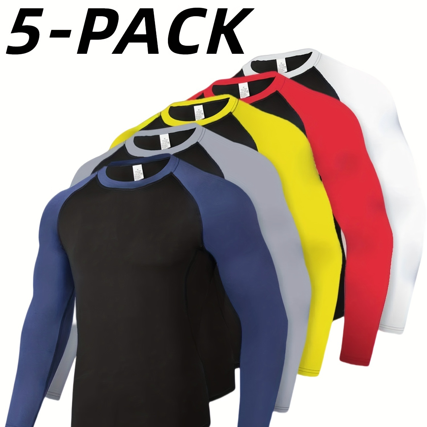 

5pcs Men's Stitching Sports Long Sleeve Undershirt T-shirt Exercise, Moisture Absorption, Quick Drying, Anti-friction, Stretch, Heat , Breathable Fabric