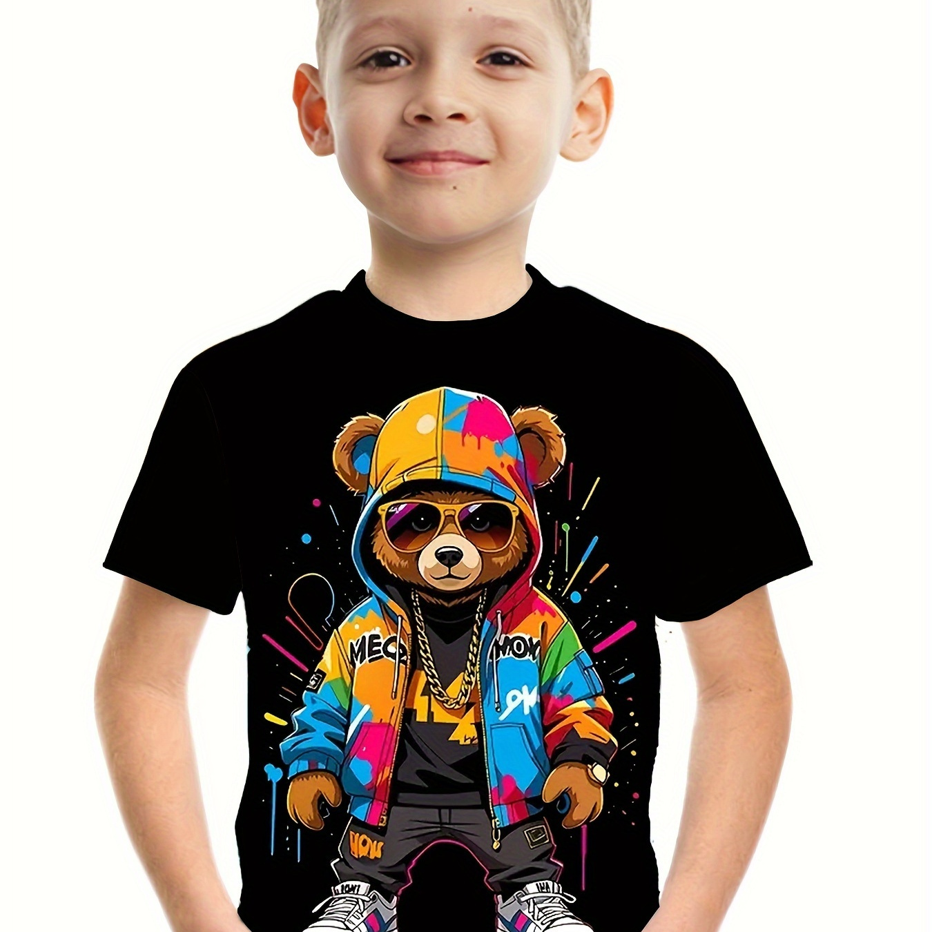 

Boys' Cool Cartoon Bear 3d Printed T-shirt, Casual Crew Neck, Polyester Spandex , Stretch, Summer Short Sleeve Tee For And Under
