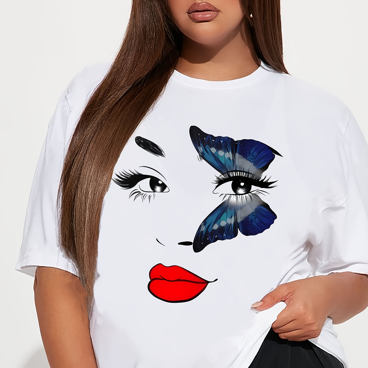 

Women's Plus Size Casual Sporty T-shirt, Butterfly Face Print, Comfort Fit Short Sleeve Tee, Fashion Breathable Casual Top