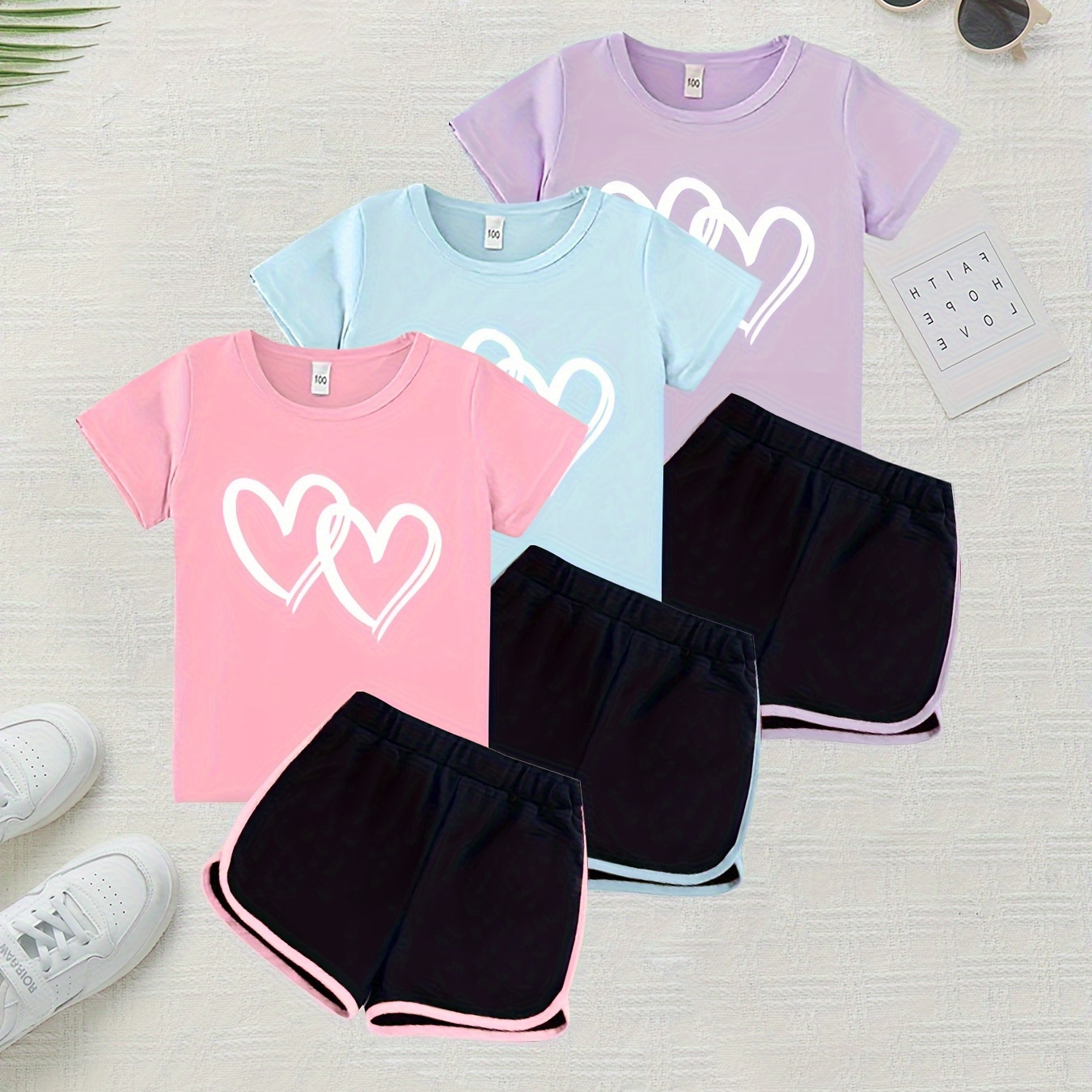 

Multiple Summer Sets, Fashionable Heart Print T-shirt & Dolphin Shorts For Girls