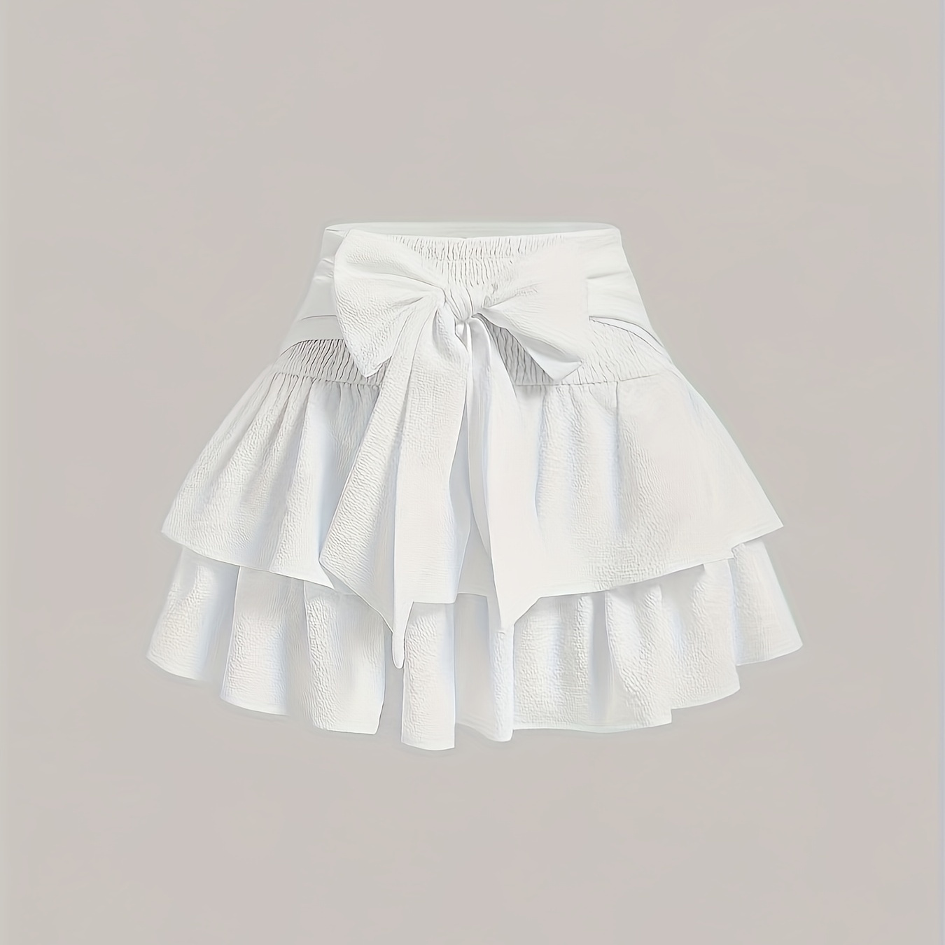 

Elegant White Polyester Skirt For Women With Layered Ruffles And Bow Detail - Solid Color, Woven Fabric, Short Length, Suitable For All Seasons