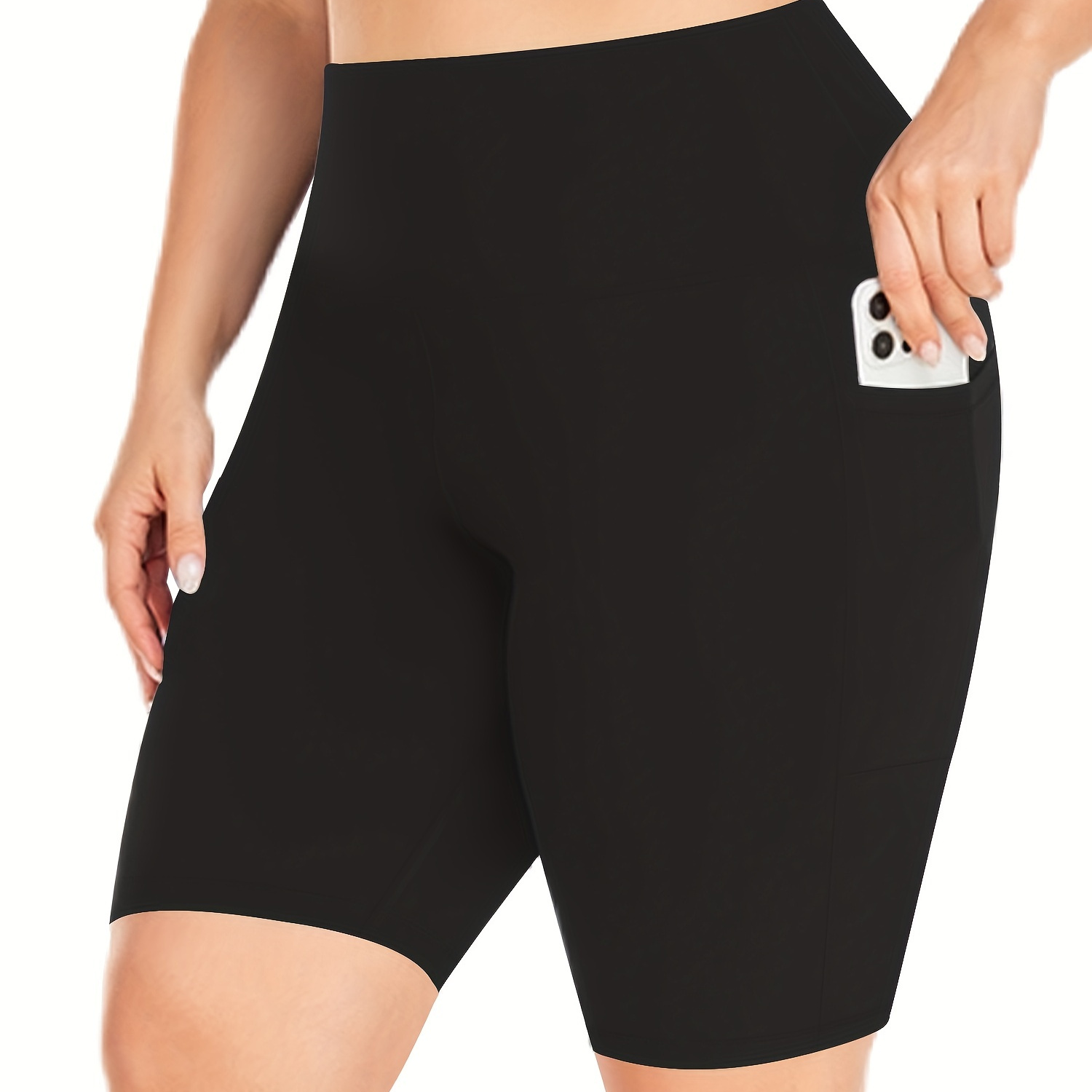

Plus Size Sports Shorts, Women's Plus Solid Seamless High Waisted Yoga Biker Shorts With Phone Pockets