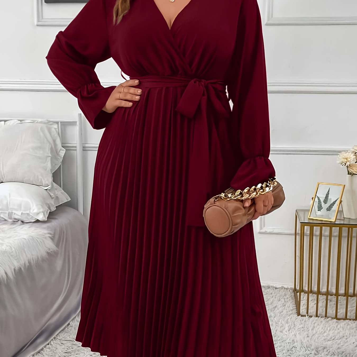 

Plus Size Solid Color Pleated Belted Dress, Elegant V Neck Long Sleeve Dress For Spring, Women's Plus Size Clothing