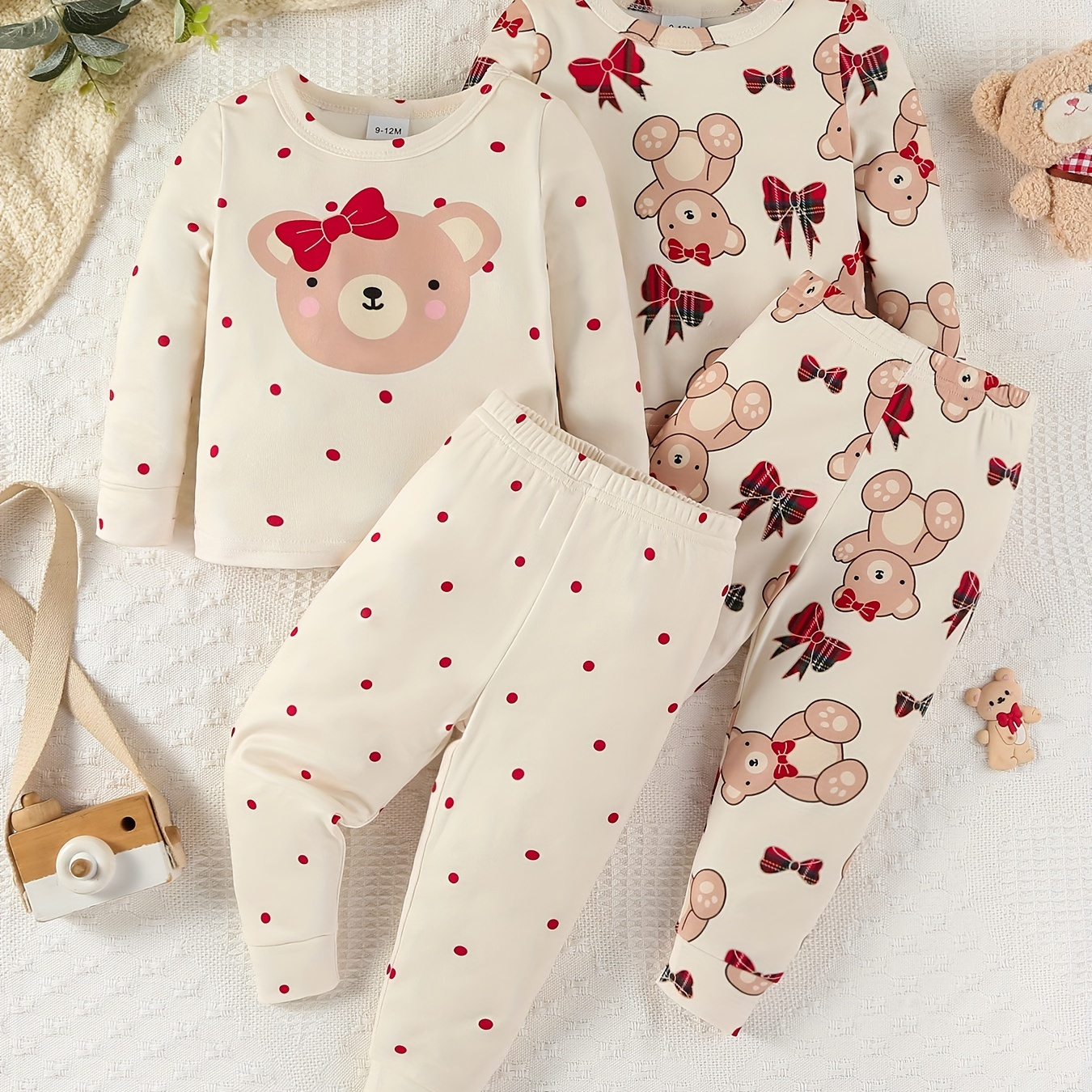 

2 's Underwear Set, Bow Bear Round Long Sleeve & Trousers, & - Set, As