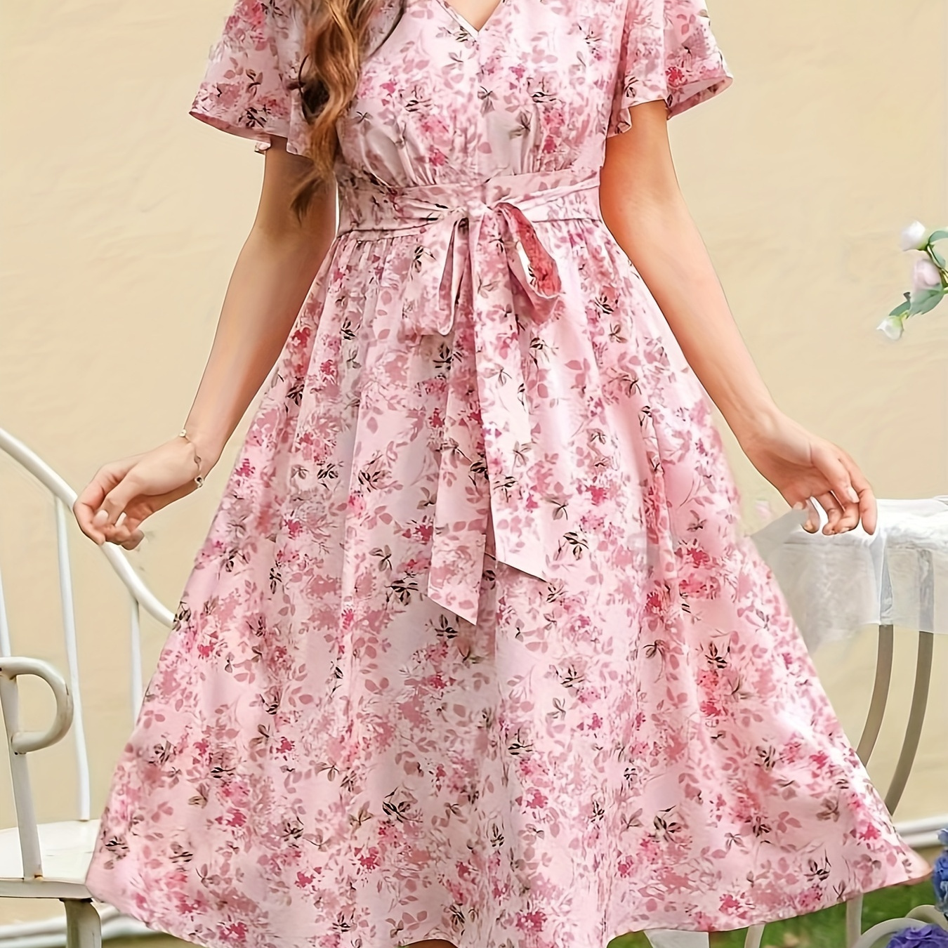 

Floral Print V-neck Dress, Elegant Short Sleeve Tie Waist A-line Dress For Spring & Summer, Women's Clothing