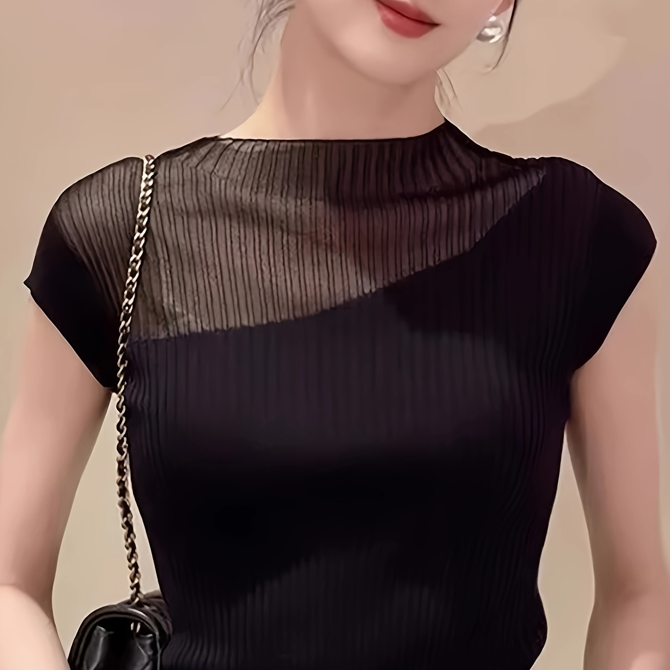 

Illusion Neck Knit Top, Chic Cap Sleeve Semi-sheer Top For Summer, Women's Clothing