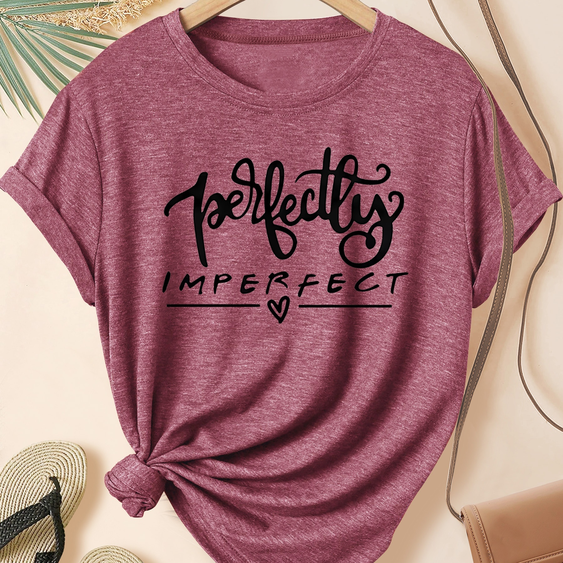 

Women's "perfectly Imperfect" Print Casual Summer T-shirt, Pink Round Neck Short Sleeve Top, Sporty & Leisure Fashion