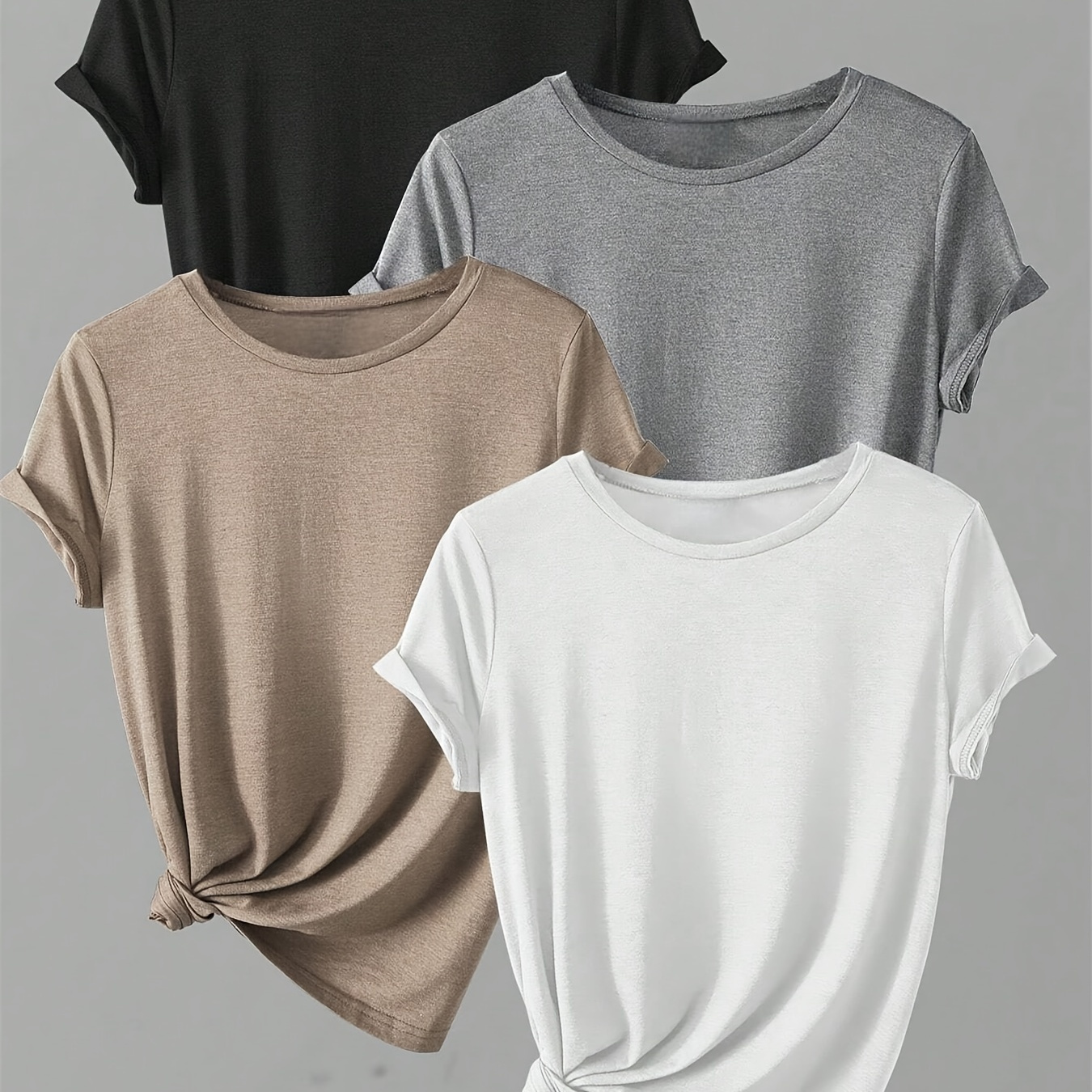 

4 Packs Solid Color T-shirt, Casual Crew Neck Short Sleeve T-shirt For Spring & Summer, Women's Clothing