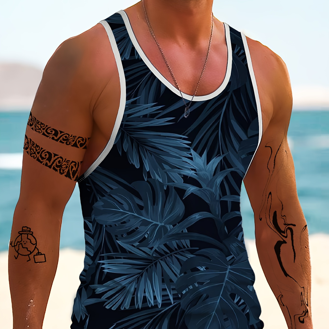 

Men's Hawaiian Style Tropical Beach Plant 3d Sleeveless Tank Top - Quick-dry, Stretch Fabric, Summer Vacations & Fitness, Machine Washable